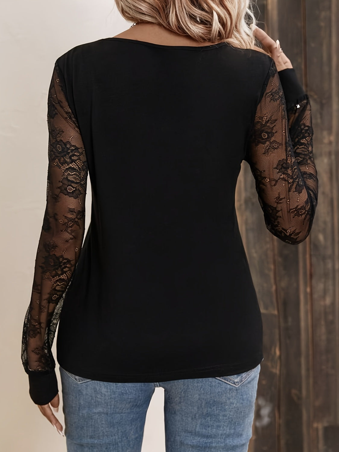 Lace Detail V-Neck Long Sleeve Top - Beautifeye Boutique