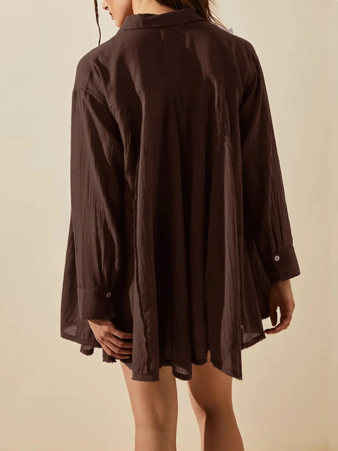 Button Up Collared Neck Long Sleeve Longline Shirt - Beautifeye Boutique