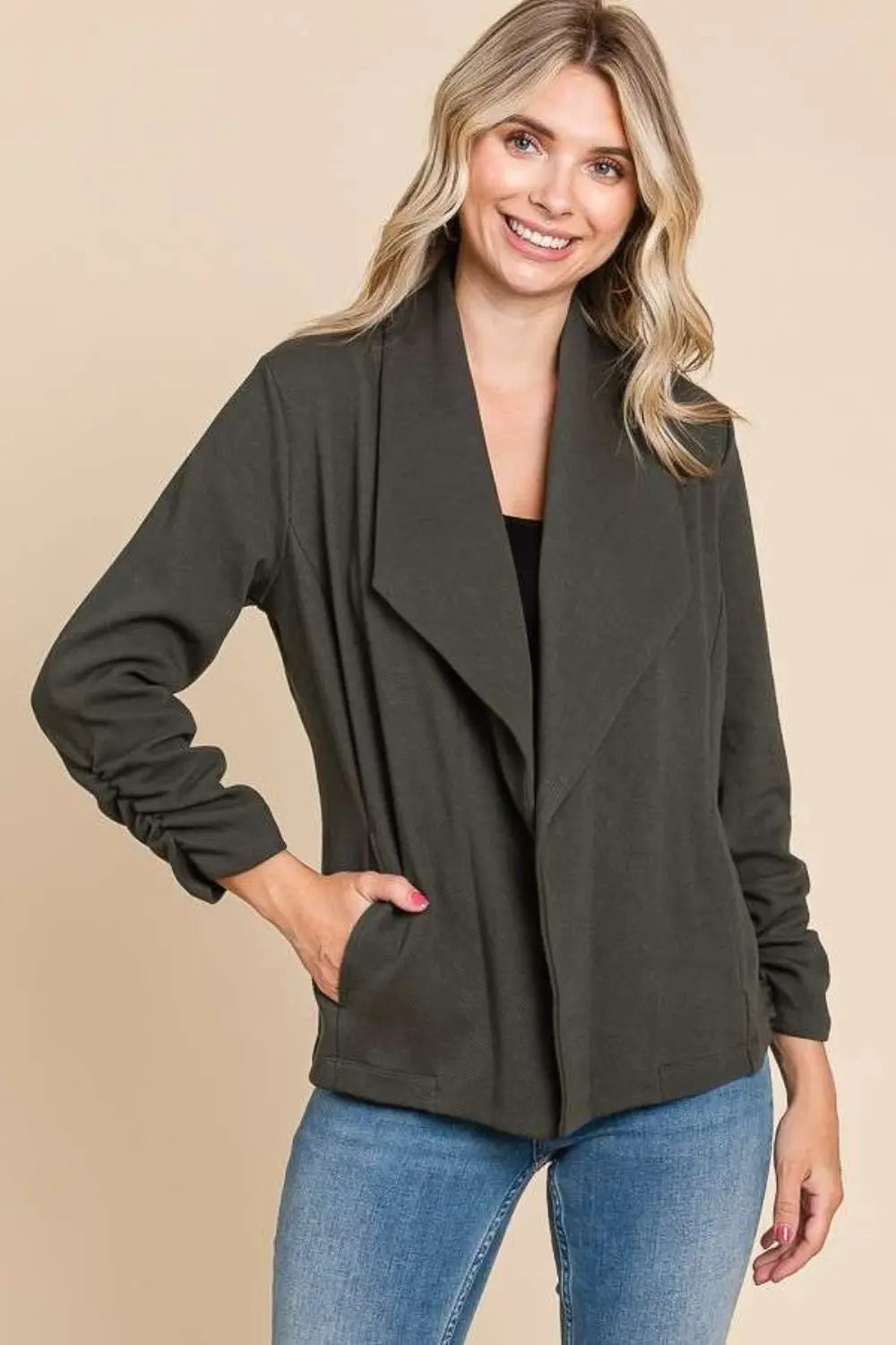 Culture Code Full Size Ruched Open Front Long Sleeve Jacket - Beautifeye Boutique