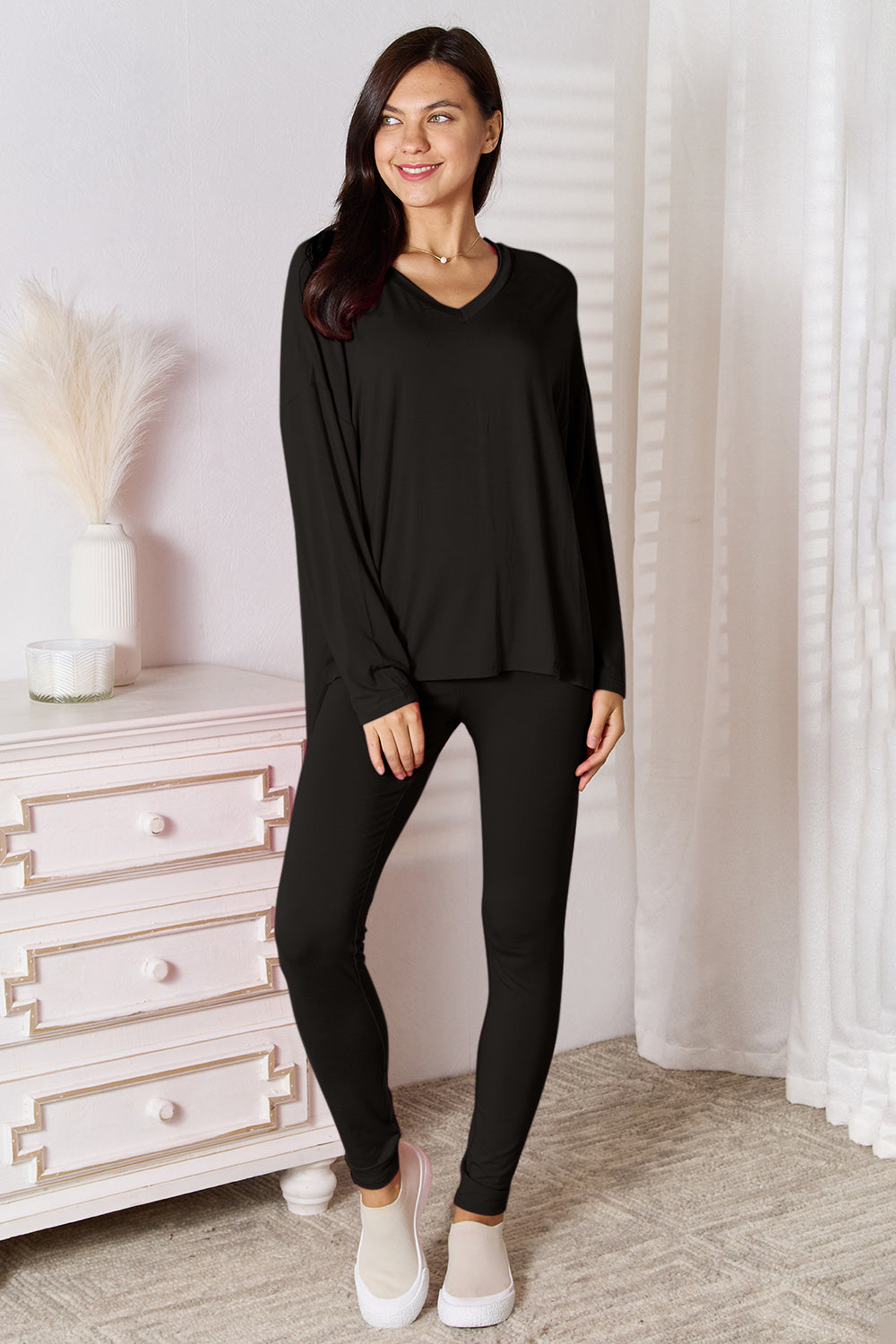 Basic Bae V-Neck Soft Rayon Long Sleeve Top and Pants Lounge Set - Beautifeye Boutique