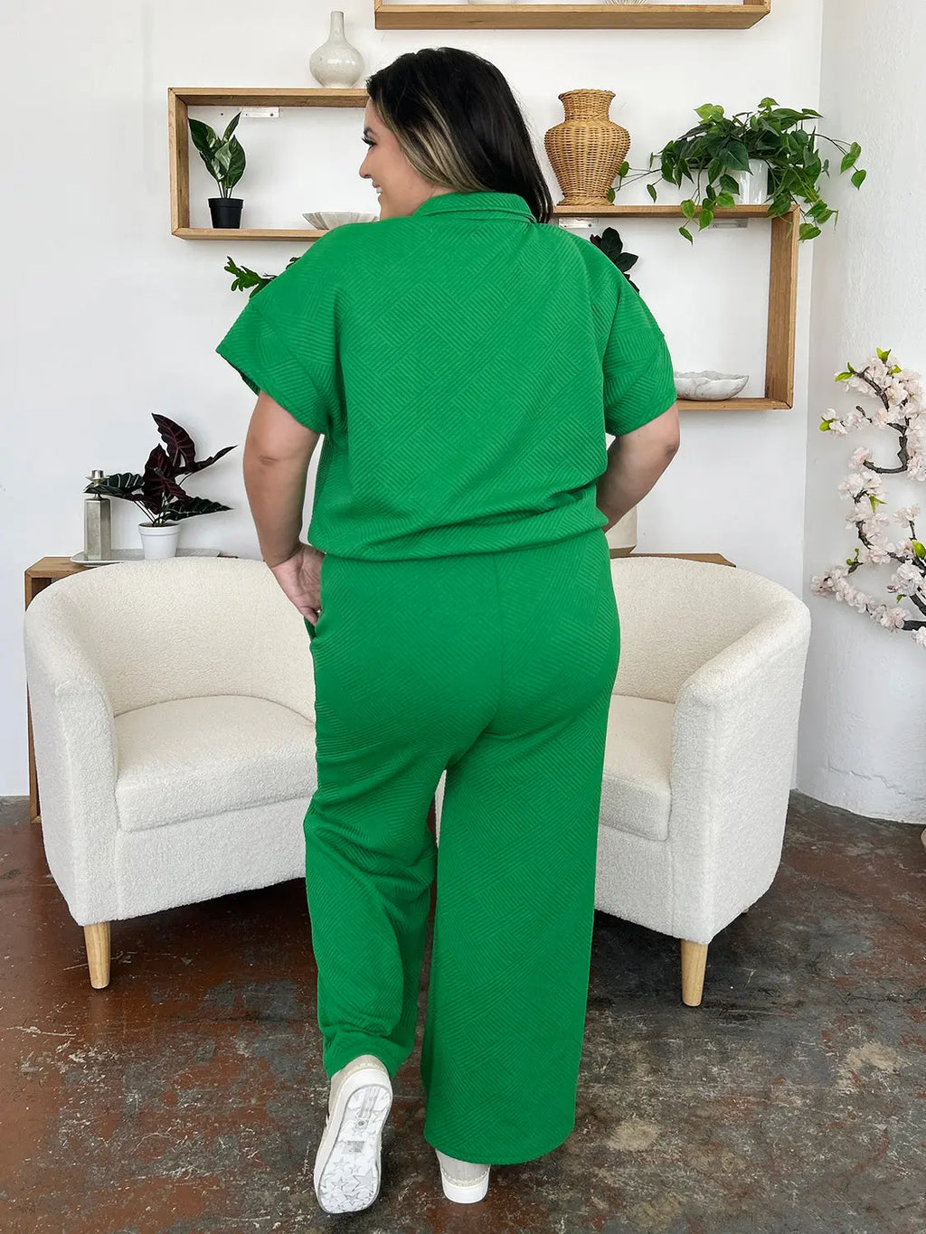 Double Take Full Size Texture Half Zip Short Sleeve Top and Pants Set - Beautifeye Boutique