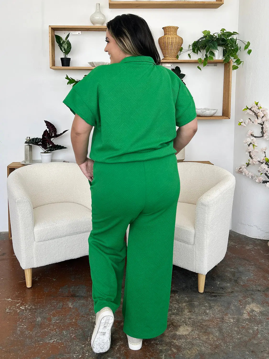 Double Take Full Size Texture Half Zip Short Sleeve Top and Pants Set - Beautifeye Boutique