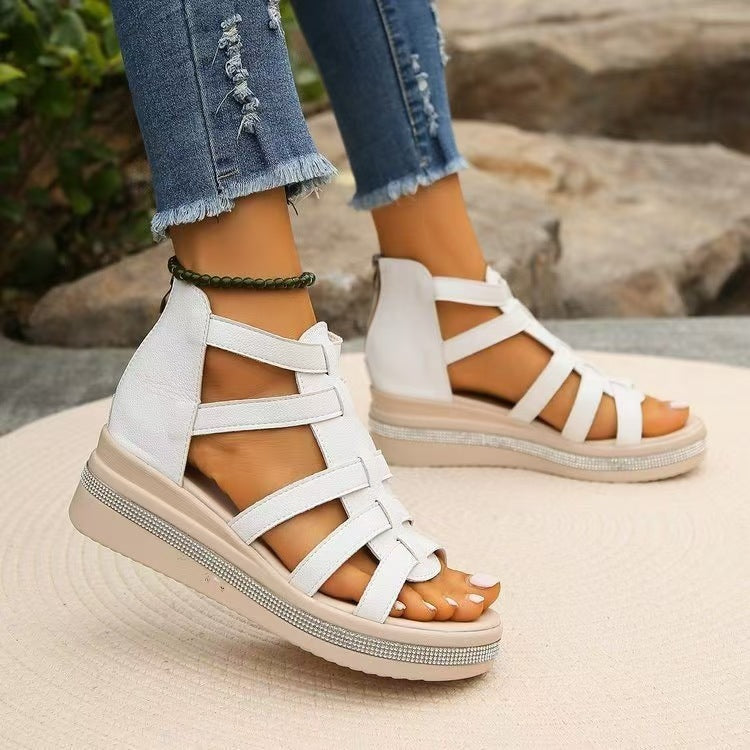 Cutout Rhinestone Trim Wedge Sandals - Beautifeye Boutique