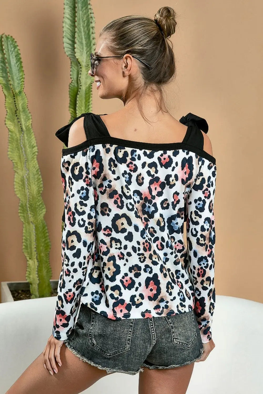 BiBi Leopard Shoulder Tie Long Sleeve Top - Beautifeye Boutique