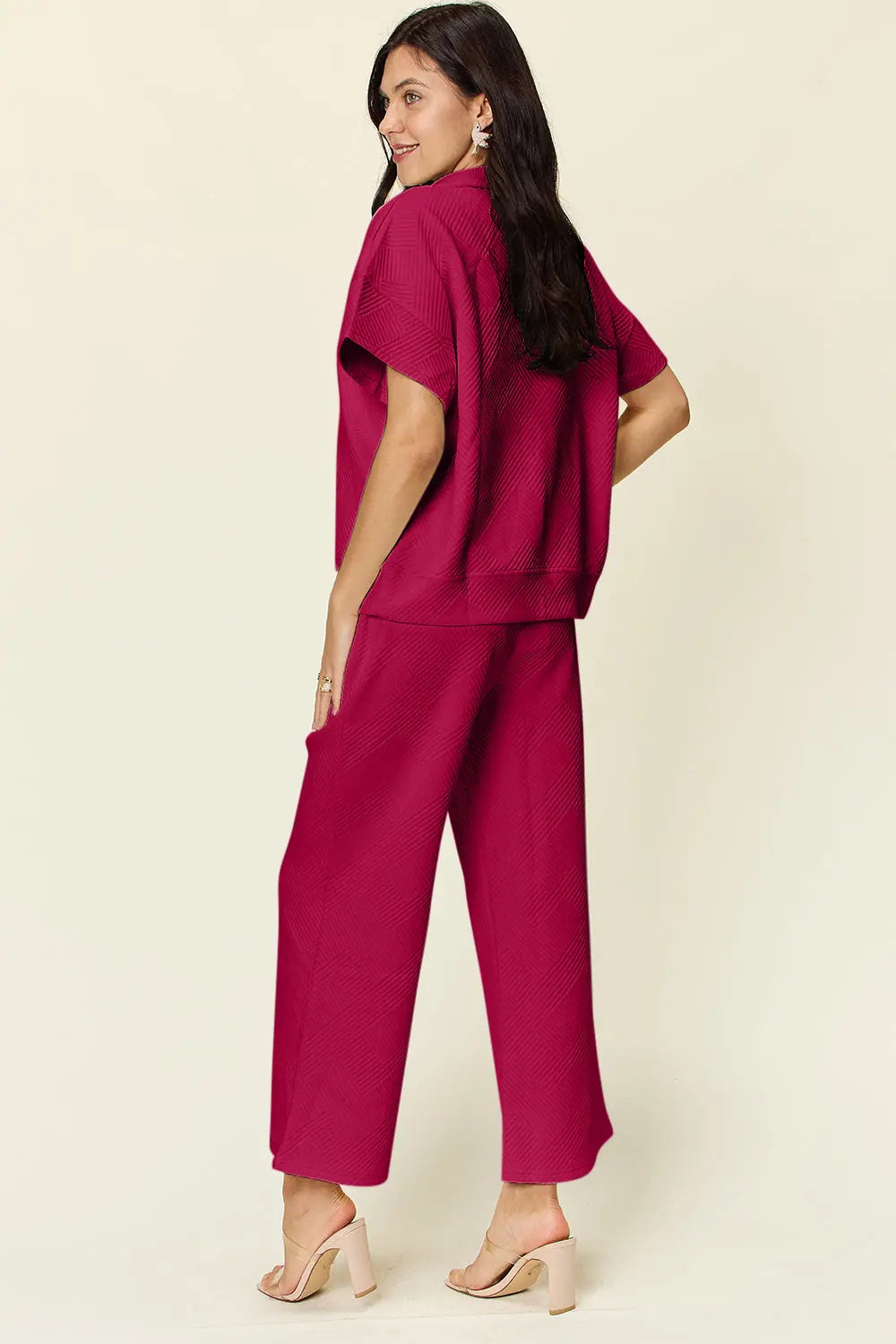 Double Take Full Size Texture Half Zip Short Sleeve Top and Pants Set - Beautifeye Boutique