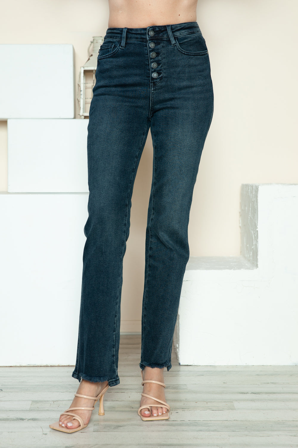 Judy Blue Full Size Button Fly Hem Destroy Straight Jeans - Beautifeye Boutique