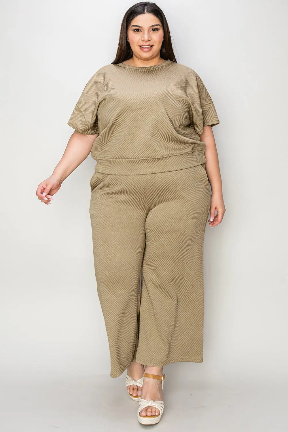 Double Take Full Size Texture Short Sleeve Top and Pants Set - Beautifeye Boutique