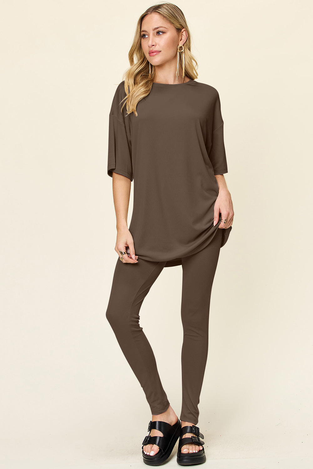 Double Take Full Size Round Neck Dropped Shoulder T-Shirt and Leggings Set - Beautifeye Boutique
