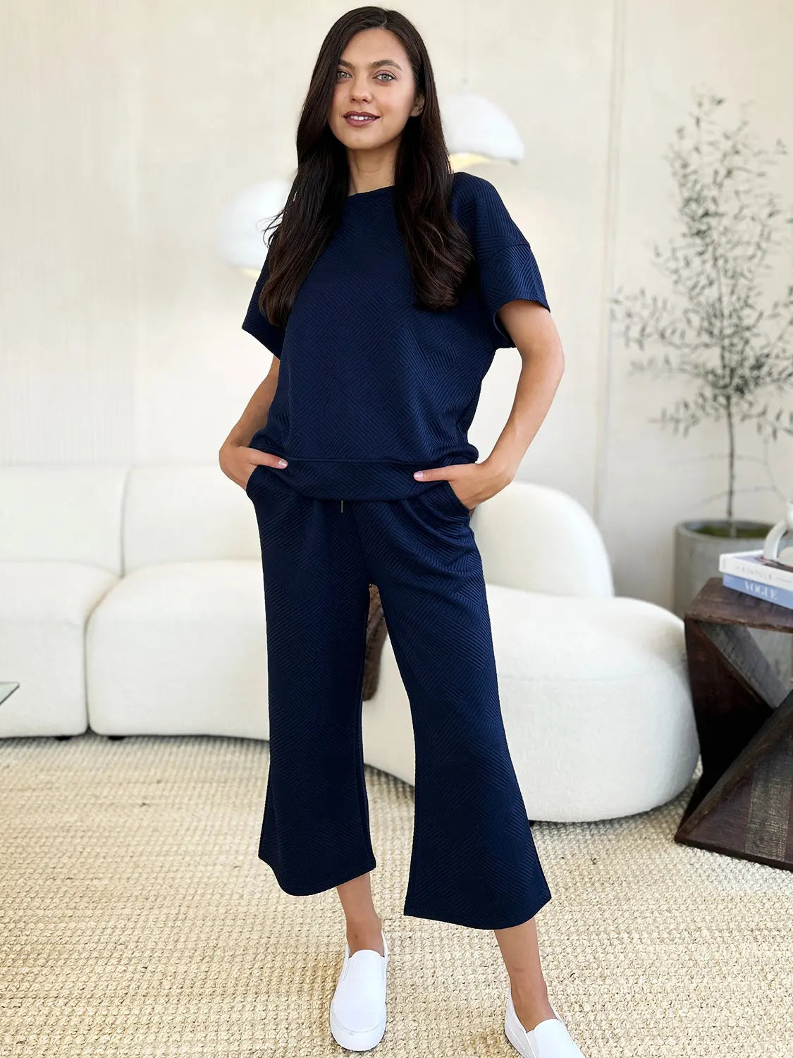 Double Take Full Size Texture Short Sleeve Top and Pants Set - Beautifeye Boutique