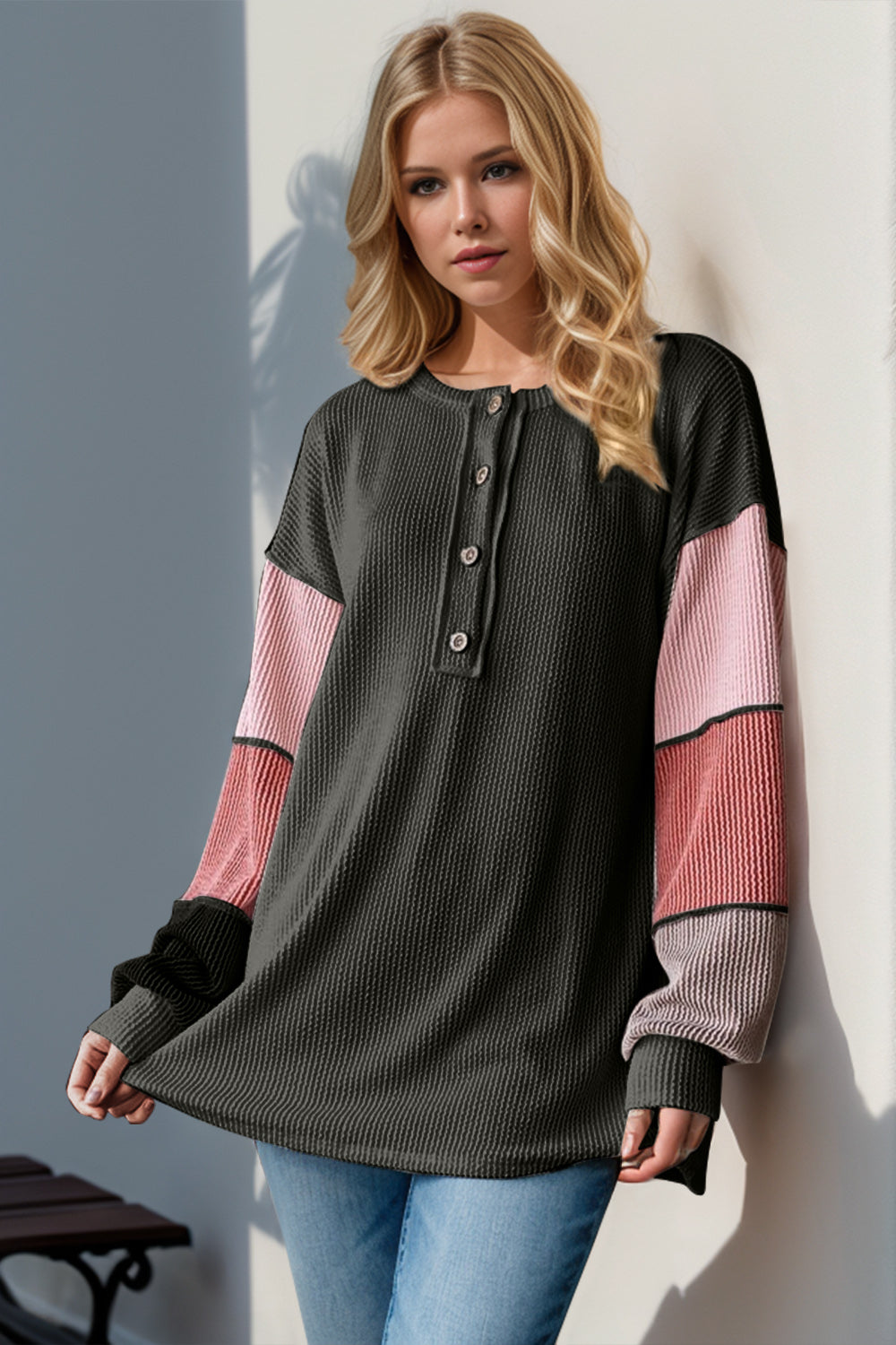 Double Take Full Size Color Block Round Neck Long Sleeve T-Shirt - Beautifeye Boutique