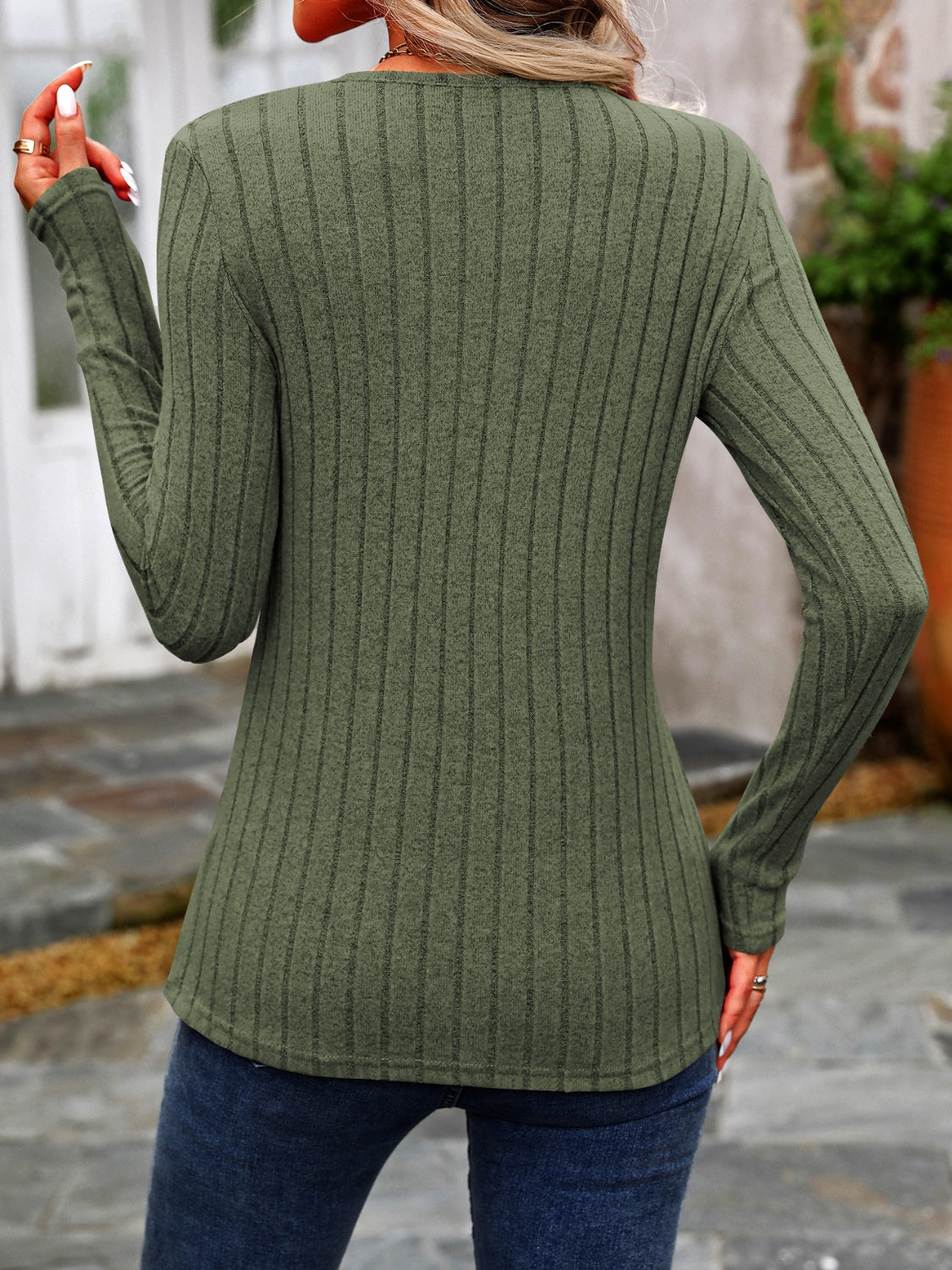 Decorative Button Round Neck Long Sleeve T-Shirt - Beautifeye Boutique