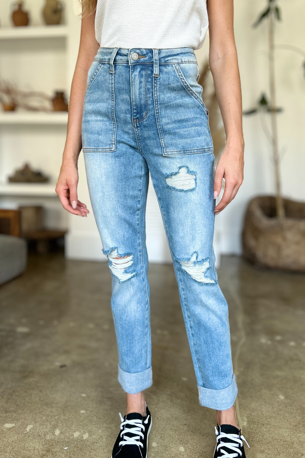 Judy Blue Full Size Distressed Straight Jeans with Patch Pockets - Beautifeye Boutique
