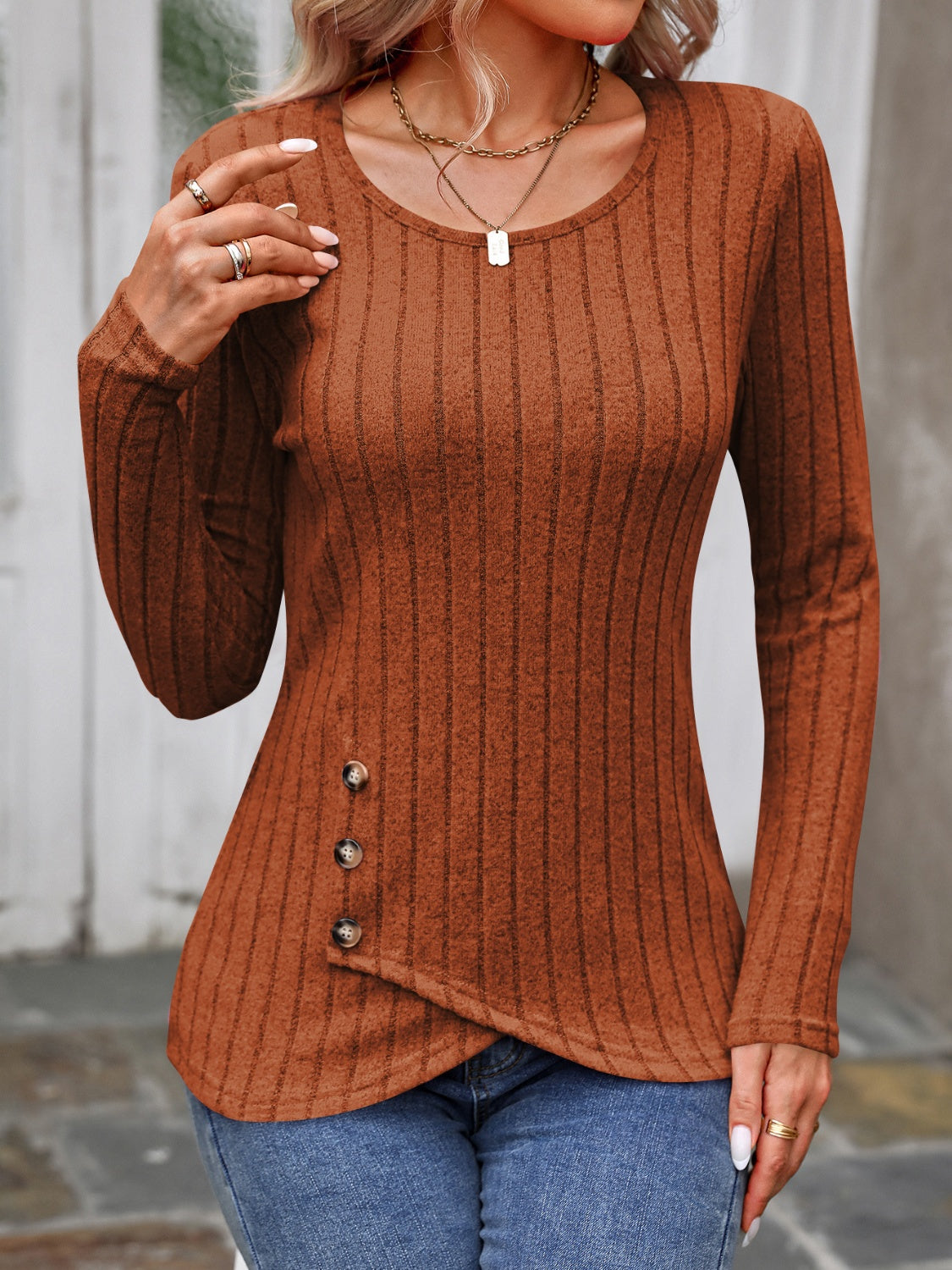 Decorative Button Round Neck Long Sleeve T-Shirt - Beautifeye Boutique
