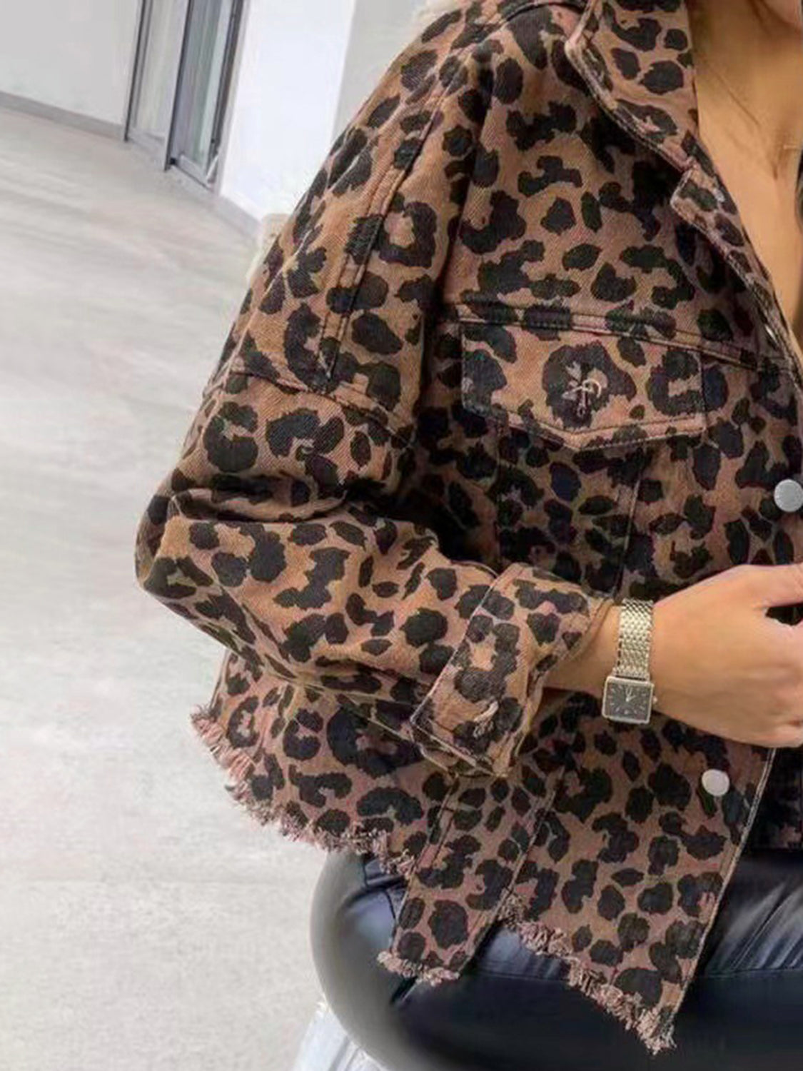 Raw Hem Leopard Collared Neck Denim Jacket - Beautifeye Boutique