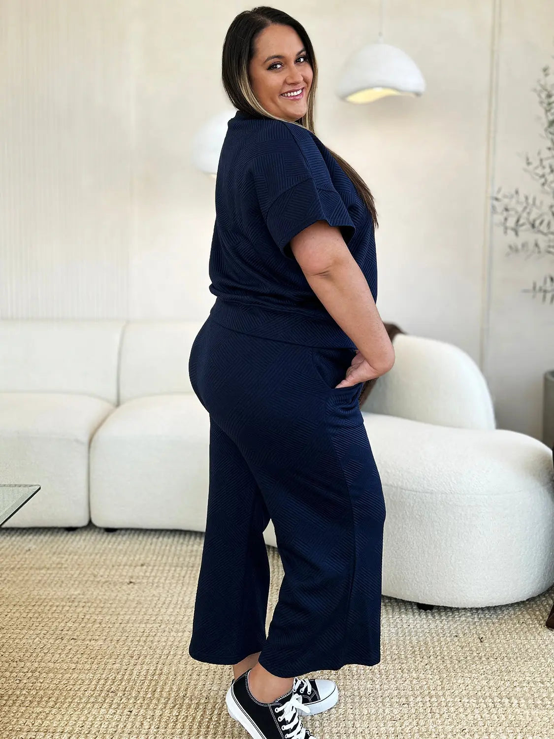 Double Take Full Size Texture Short Sleeve Top and Pants Set - Beautifeye Boutique