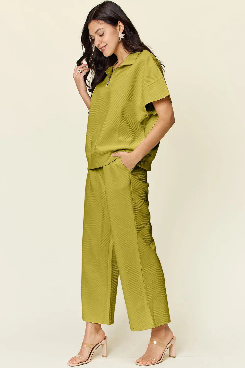 Double Take Full Size Texture Half Zip Short Sleeve Top and Pants Set - Beautifeye Boutique