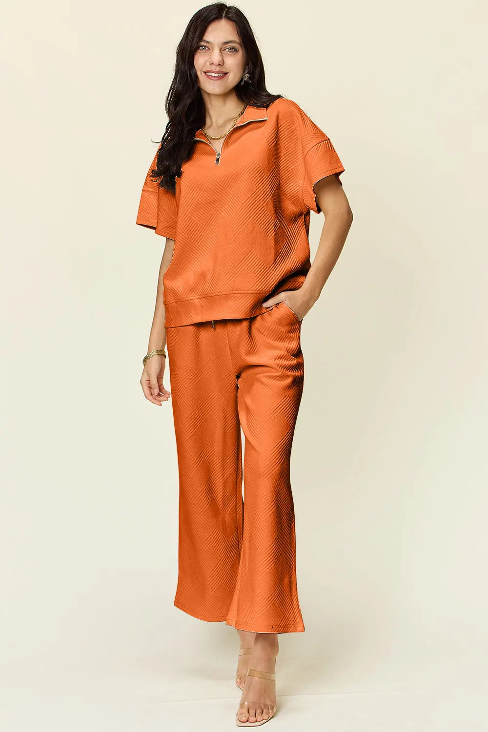Double Take Full Size Texture Half Zip Short Sleeve Top and Pants Set - Beautifeye Boutique