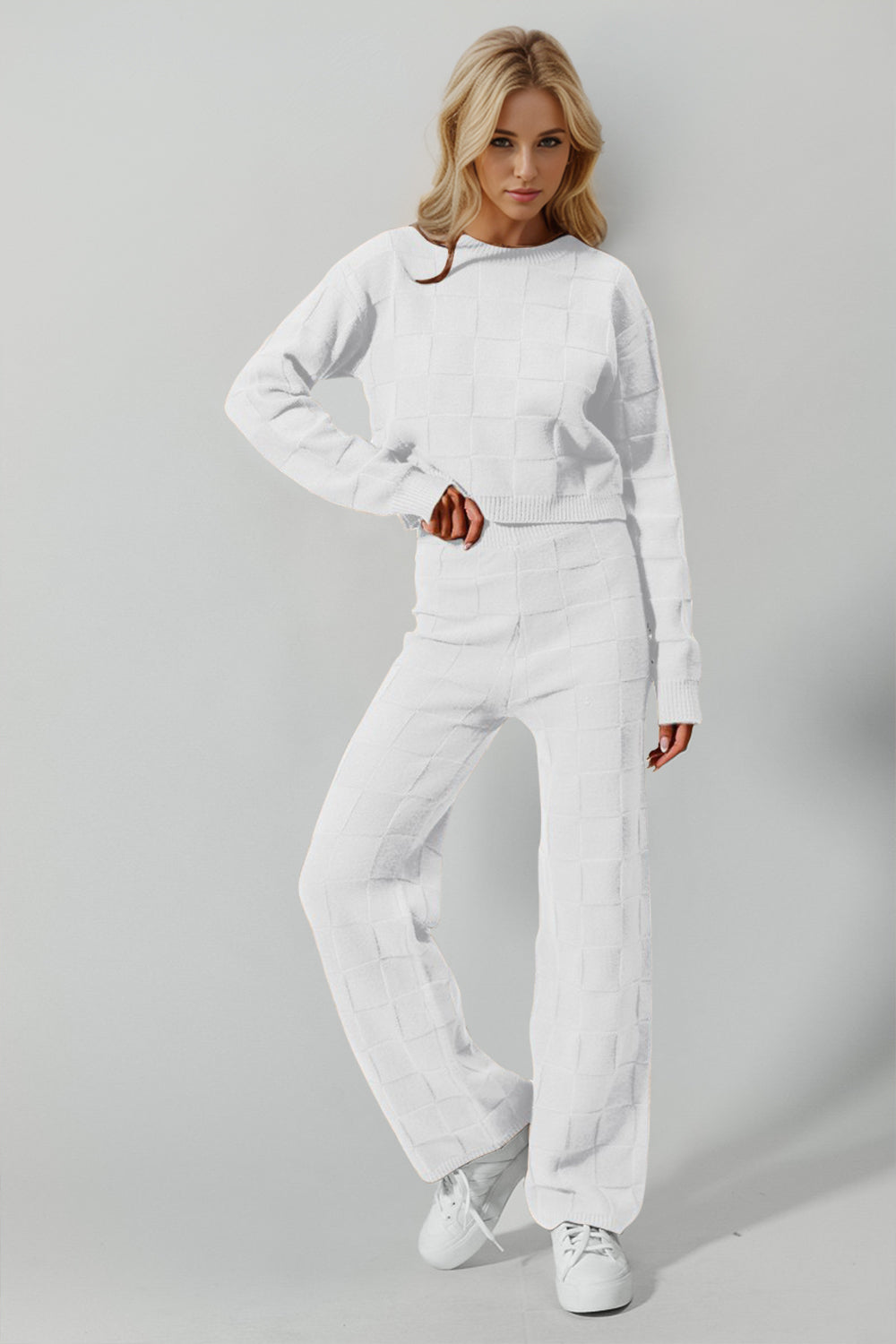 Double Take Full Size Checkered Round Neck Top and Pants Set - Beautifeye Boutique