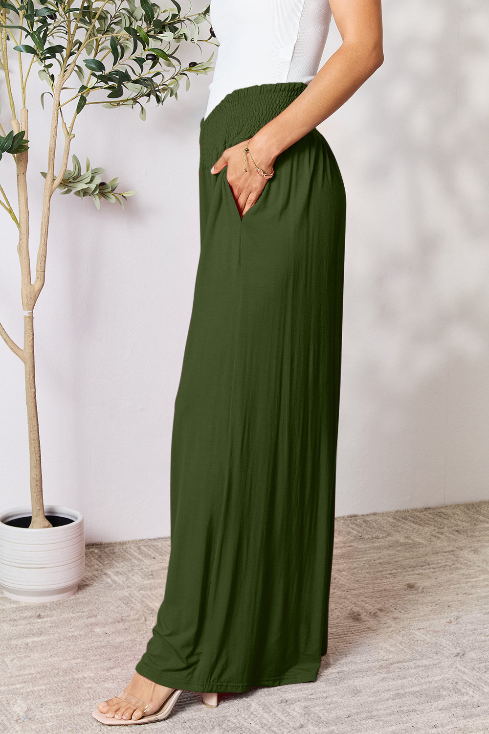 Double Take Full Size Smocked Wide Waistband Wide Leg Pants - Beautifeye Boutique