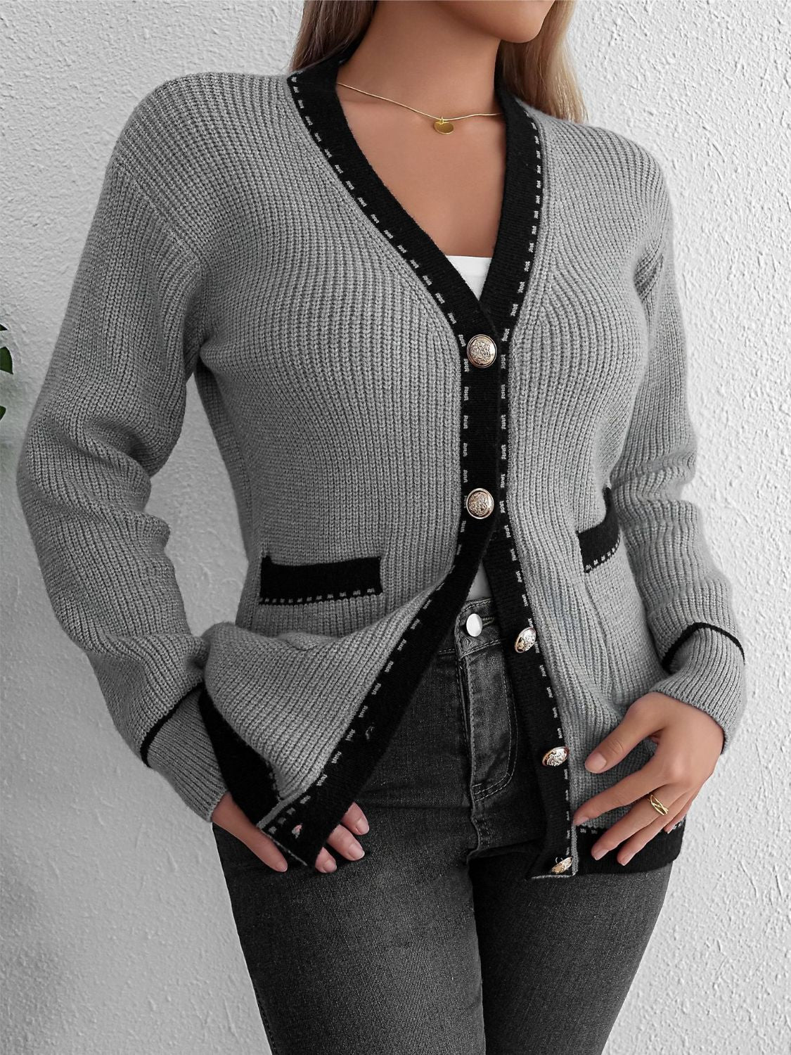 Contrast Trim Button Up Long Sleeve Cardigan - Beautifeye Boutique