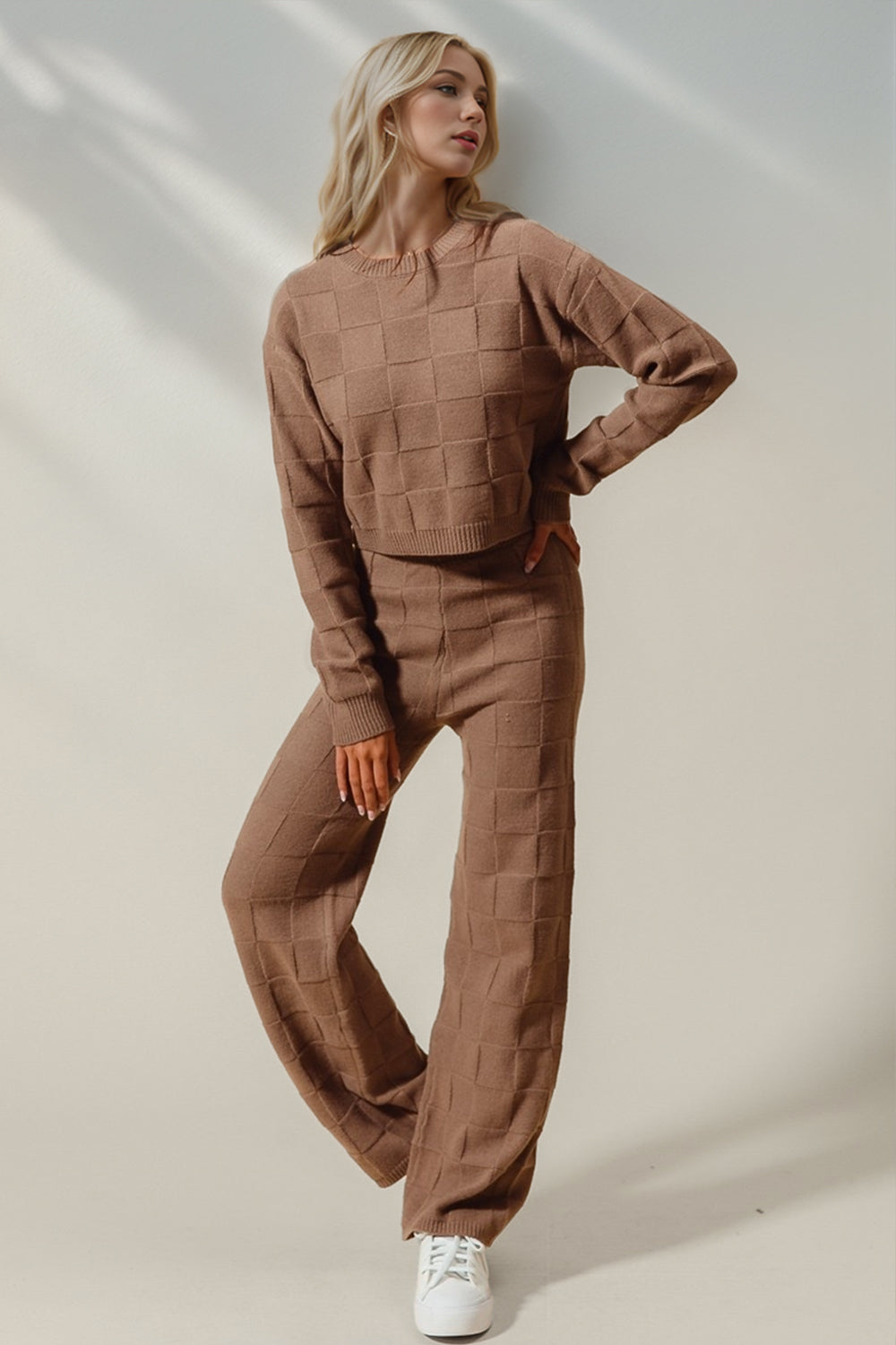 Double Take Full Size Checkered Round Neck Top and Pants Set - Beautifeye Boutique