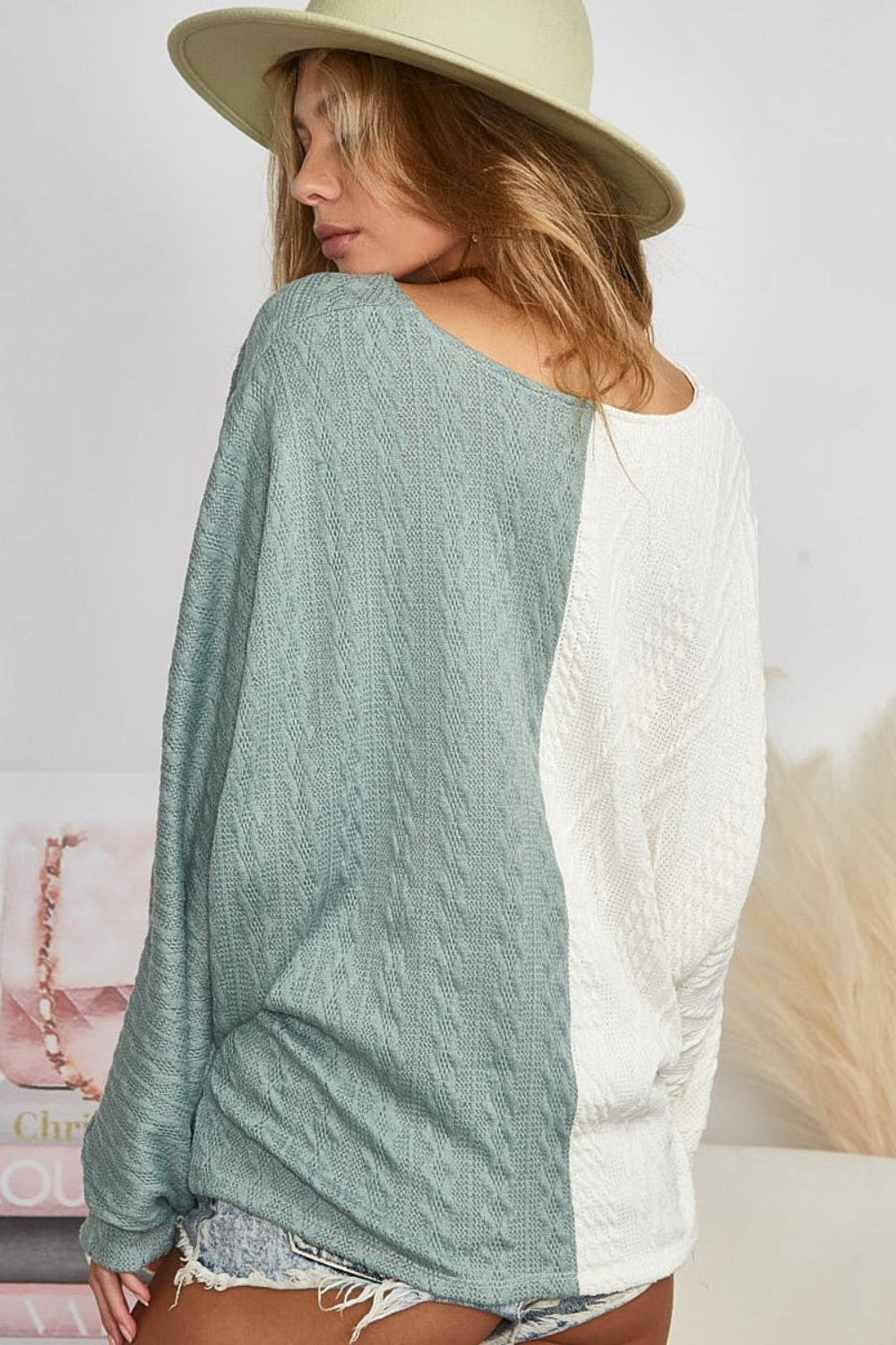 BiBi Twist Front Contrast Cable Knit Top - Beautifeye Boutique