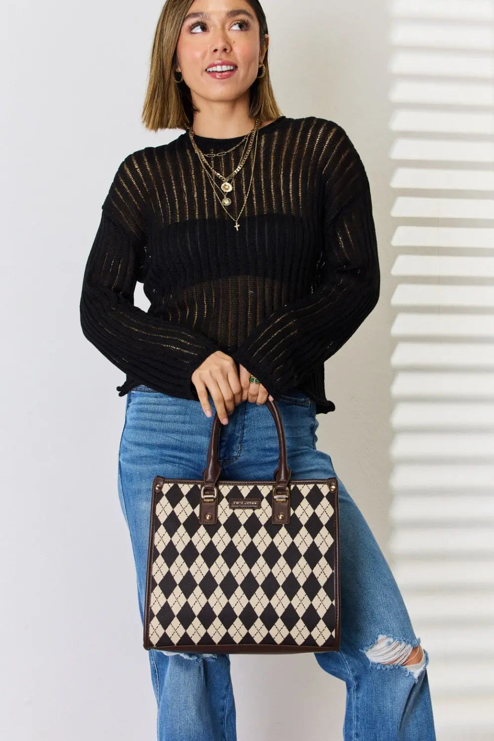 David Jones Argyle Pattern PU Leather Handbag - Beautifeye Boutique