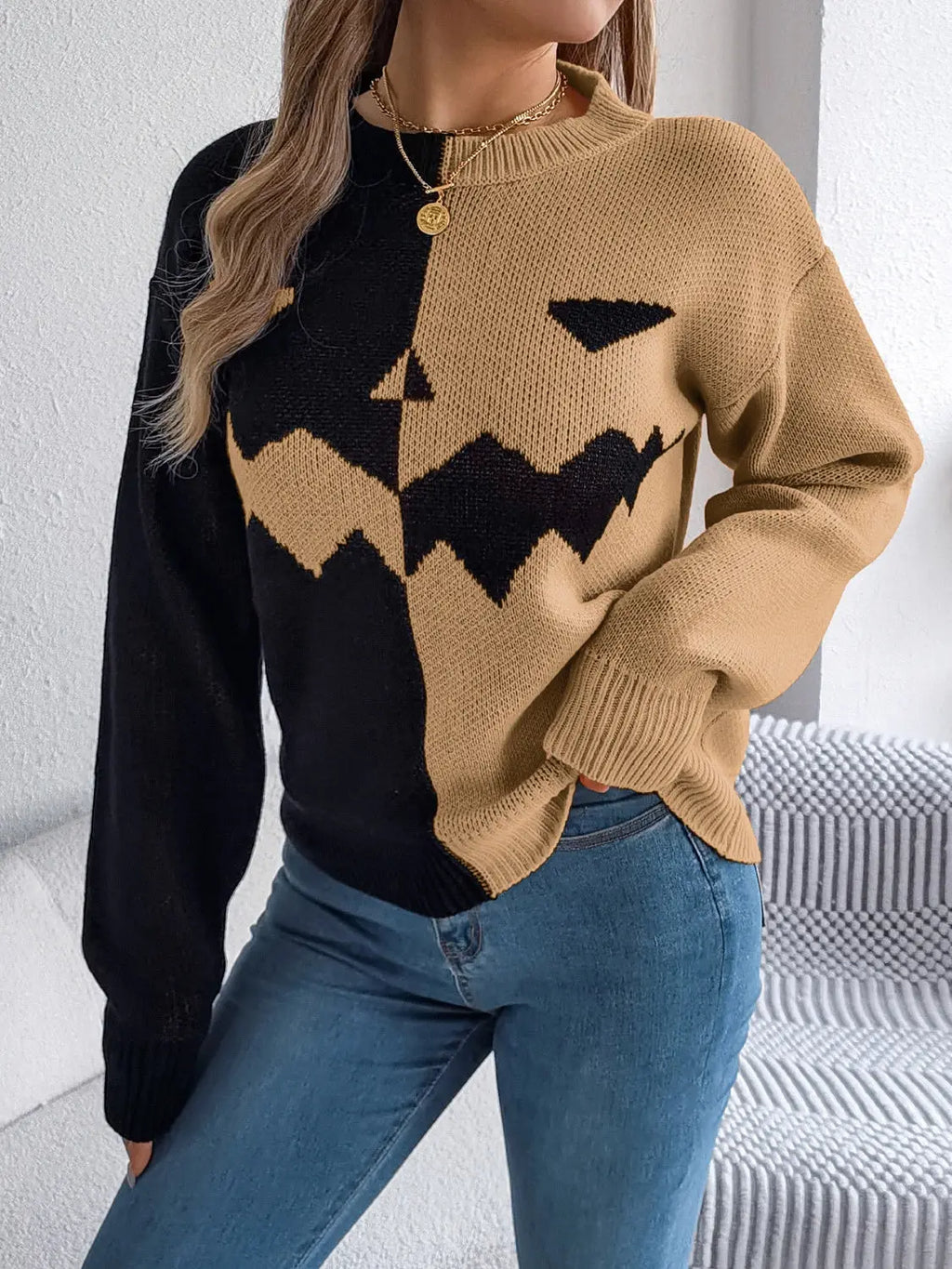 Contrast Round Neck Long Sleeve Sweater - Beautifeye Boutique