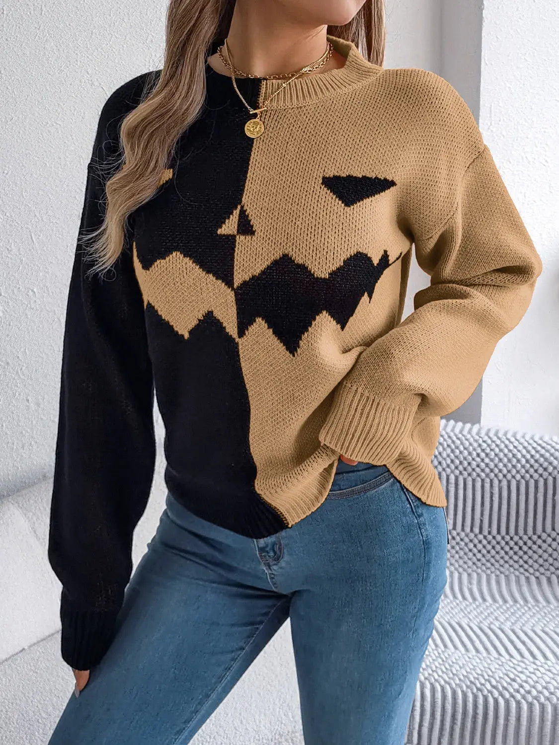 Contrast Round Neck Long Sleeve Sweater - Beautifeye Boutique