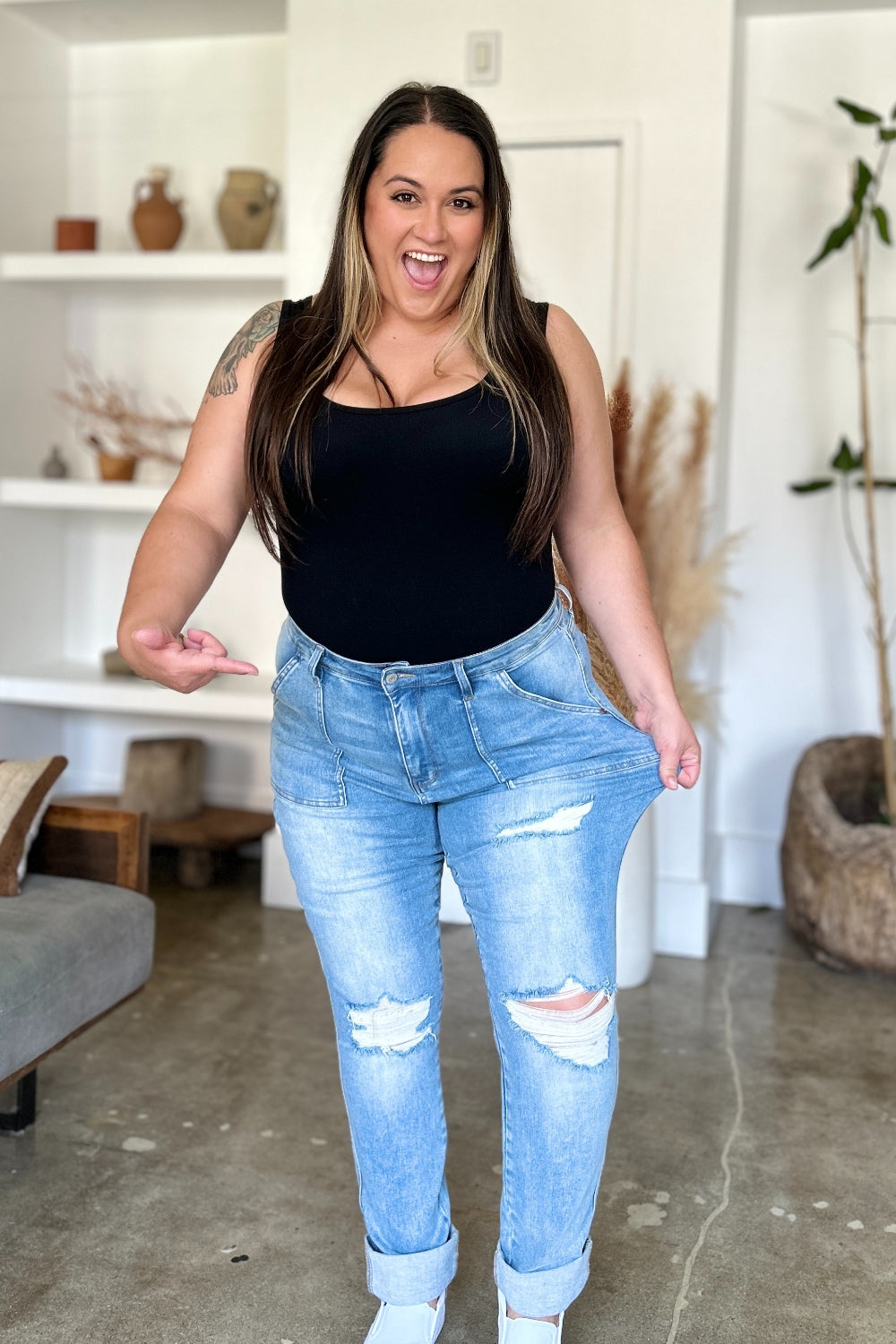 Judy Blue Full Size Distressed Straight Jeans with Patch Pockets - Beautifeye Boutique