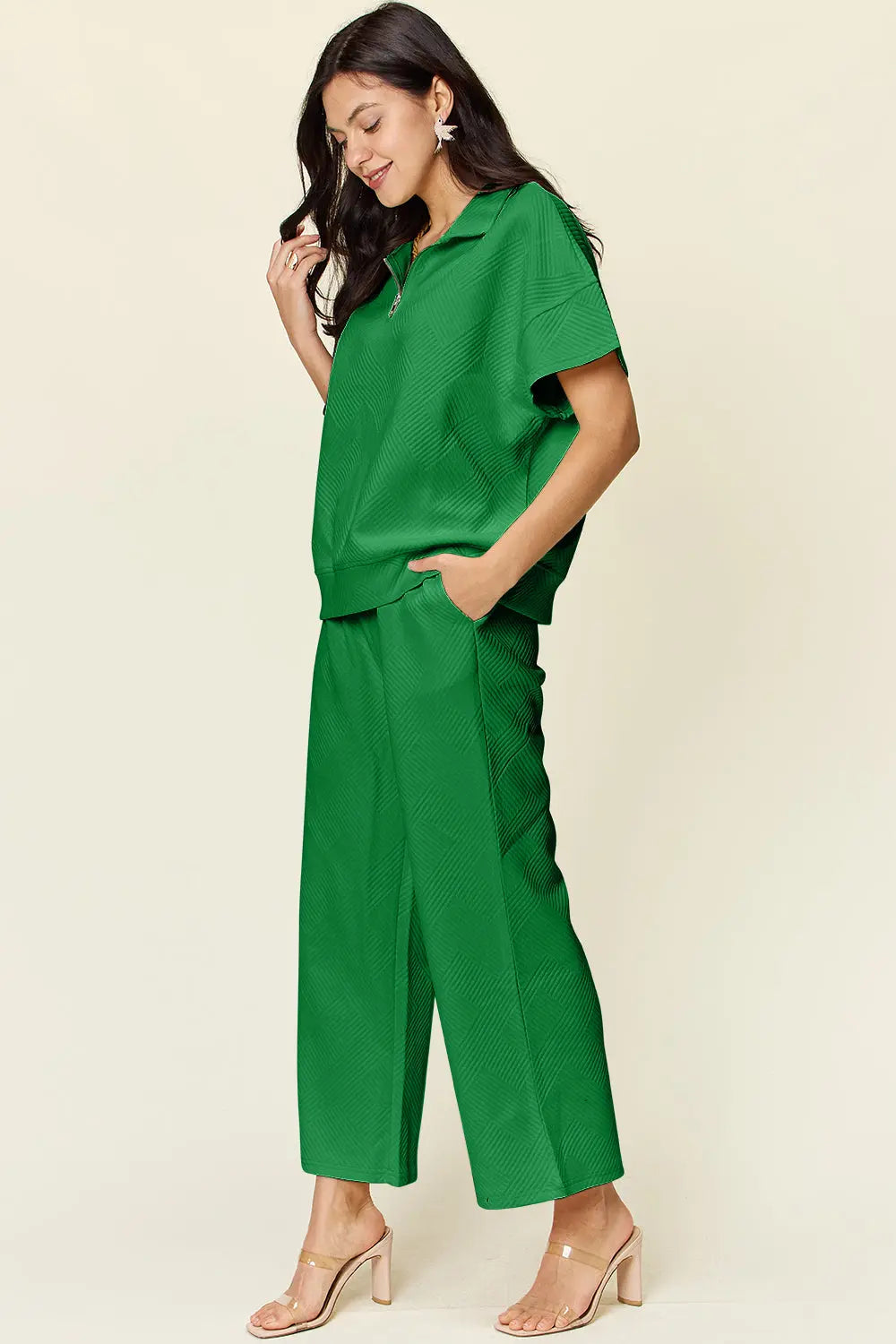 Double Take Full Size Texture Half Zip Short Sleeve Top and Pants Set - Beautifeye Boutique