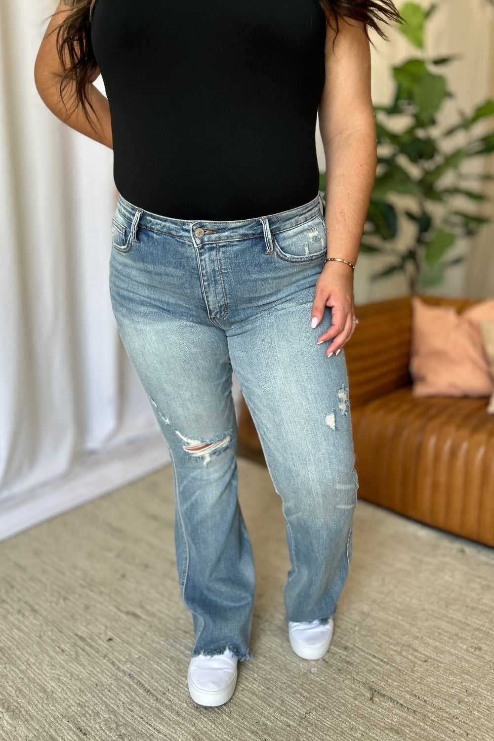 Judy Blue Full Size Medium Rise Tummy Control Destroy Flare - Beautifeye Boutique