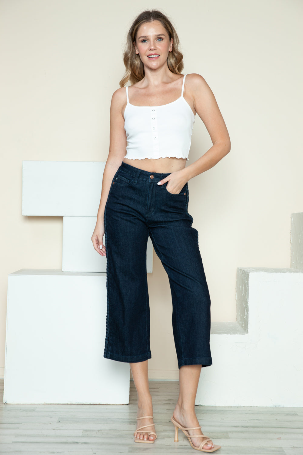 Judy Blue Full Size Side Seam Braid Detail Crop Wide Leg Jeans - Beautifeye Boutique