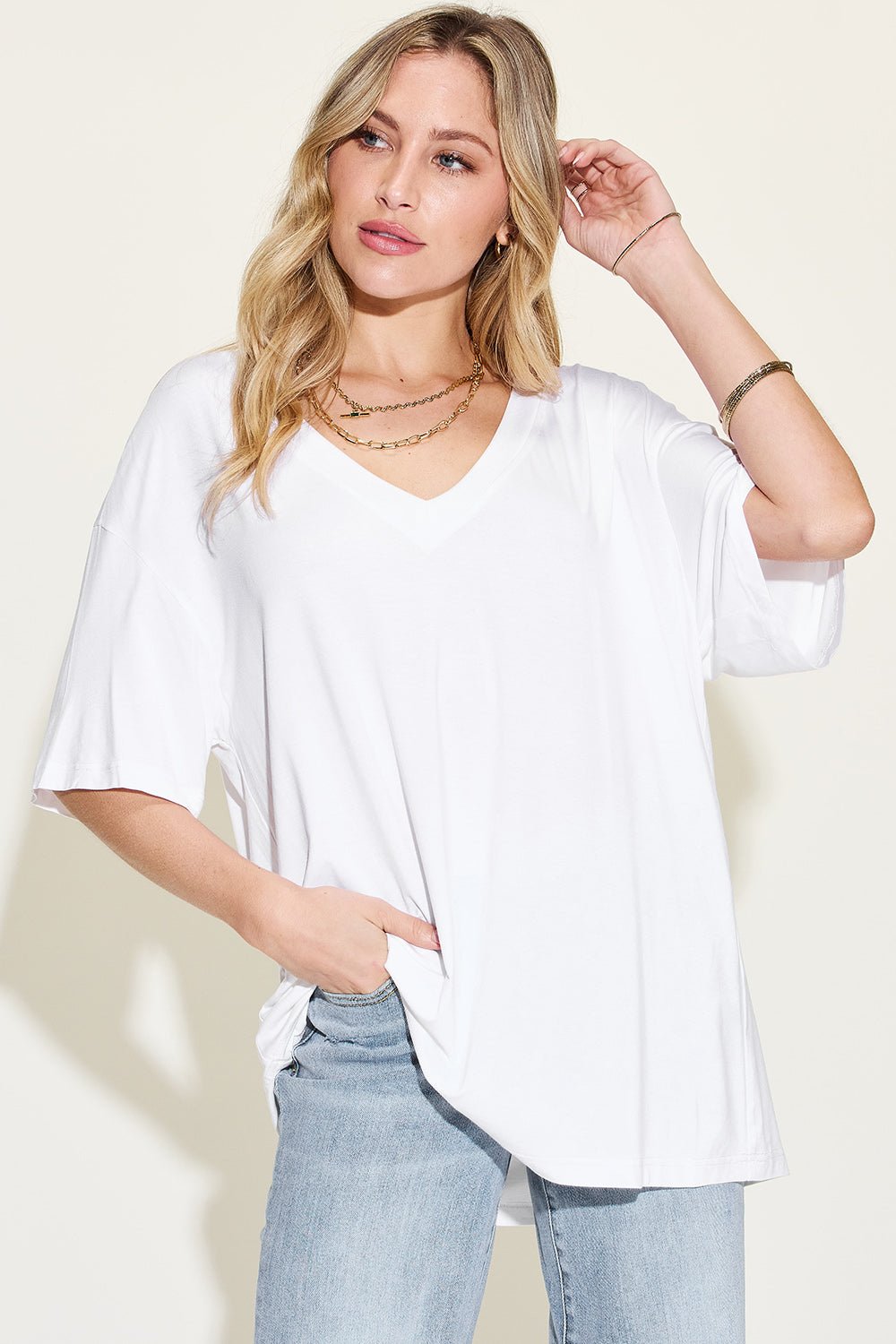 Basic Bae Full Size Bamboo V-Neck Drop Shoulder T-Shirt - Beautifeye Boutique