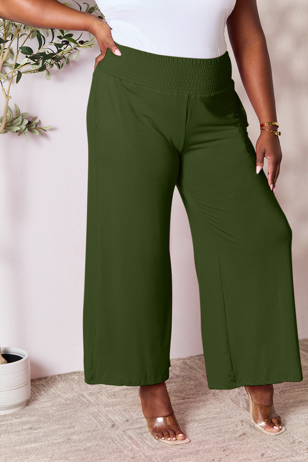 Double Take Full Size Smocked Wide Waistband Wide Leg Pants - Beautifeye Boutique