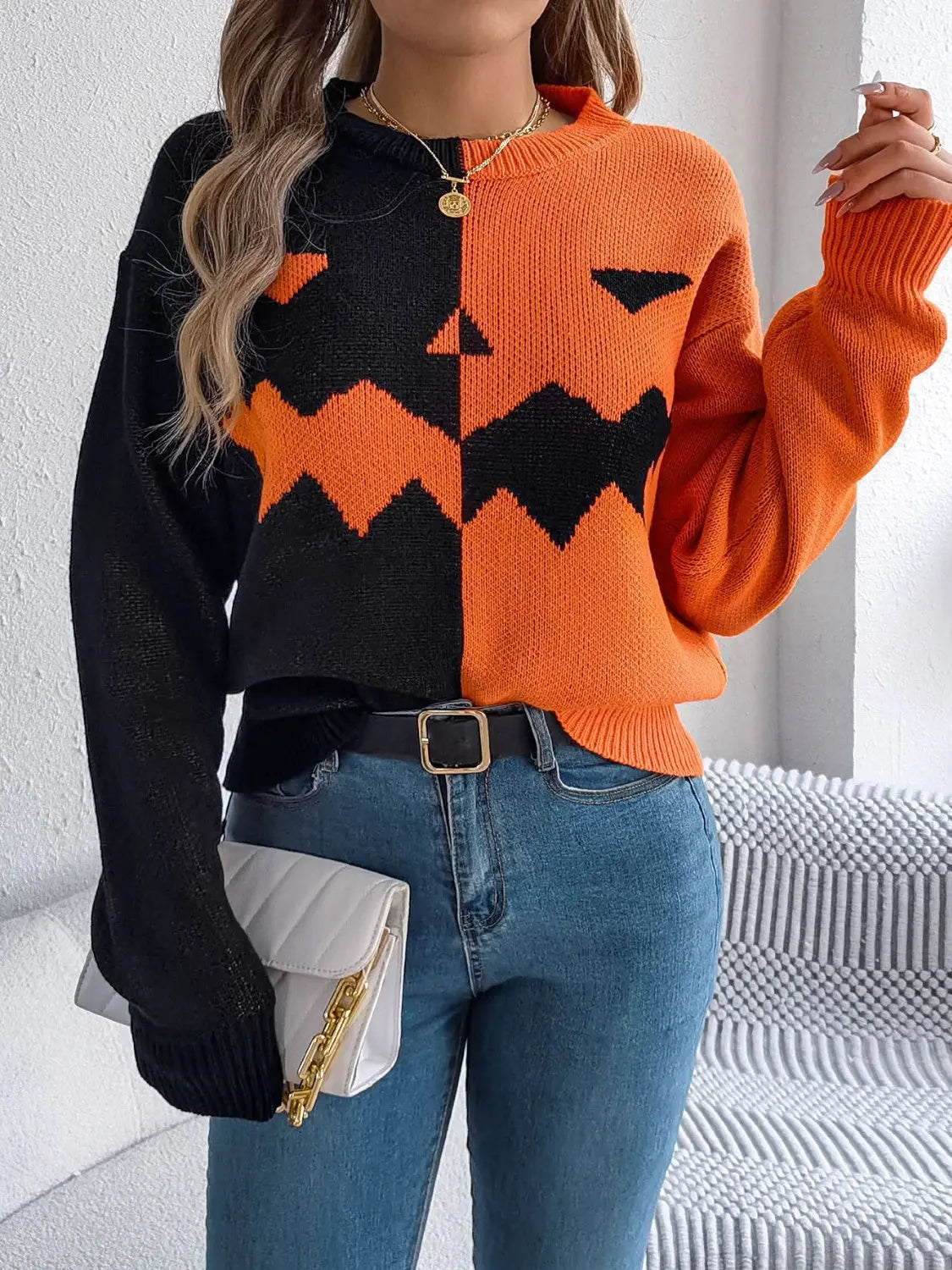 Contrast Round Neck Long Sleeve Sweater - Beautifeye Boutique