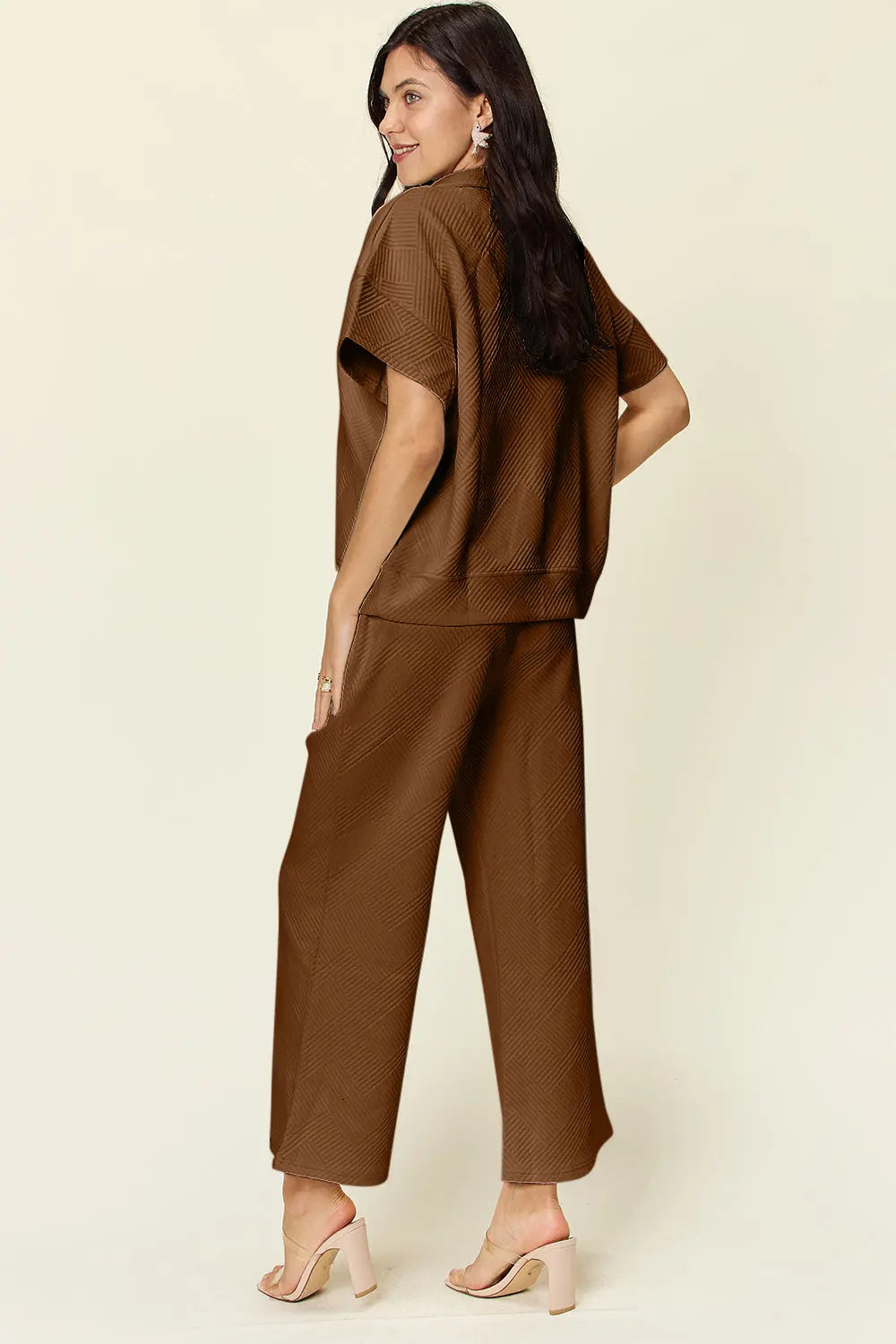 Double Take Full Size Texture Half Zip Short Sleeve Top and Pants Set - Beautifeye Boutique