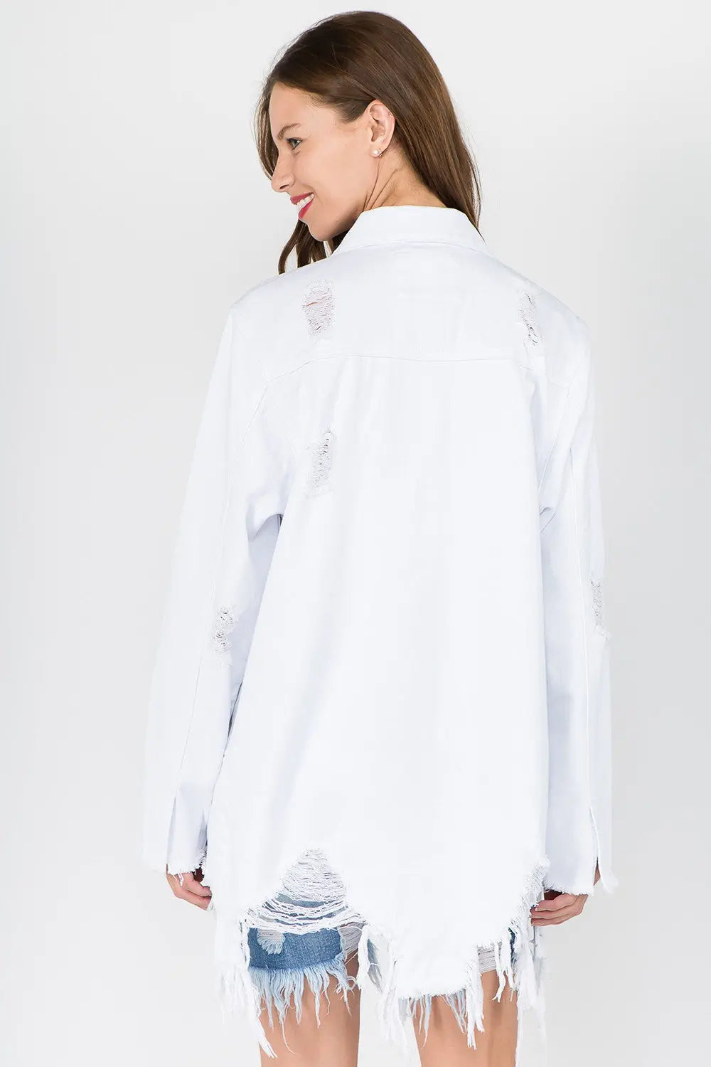 American Bazi Distressed Frayed Hem Denim Jacket - Beautifeye Boutique