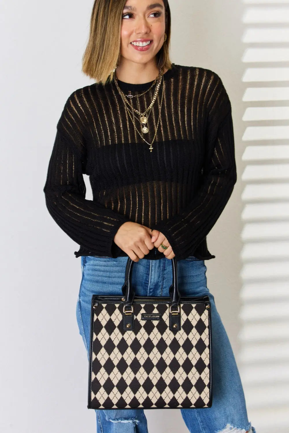 David Jones Argyle Pattern PU Leather Handbag - Beautifeye Boutique