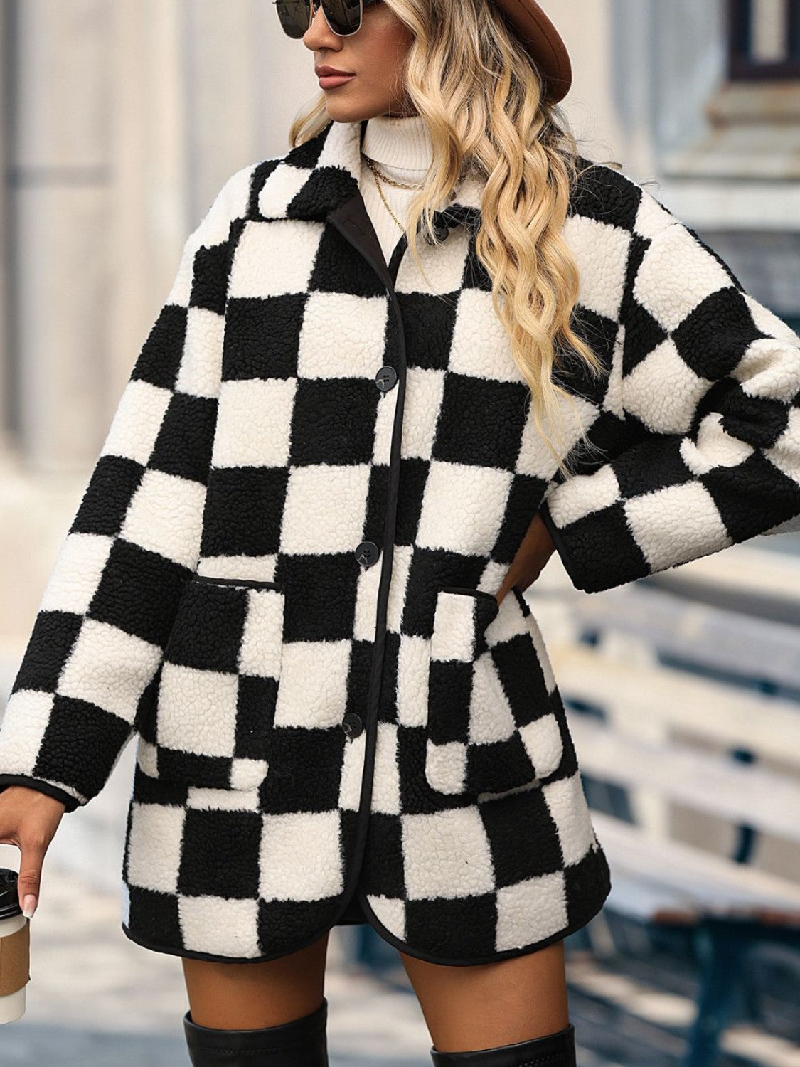 Double Take Full Size Checkered Button Front Coat with Pockets - Beautifeye Boutique