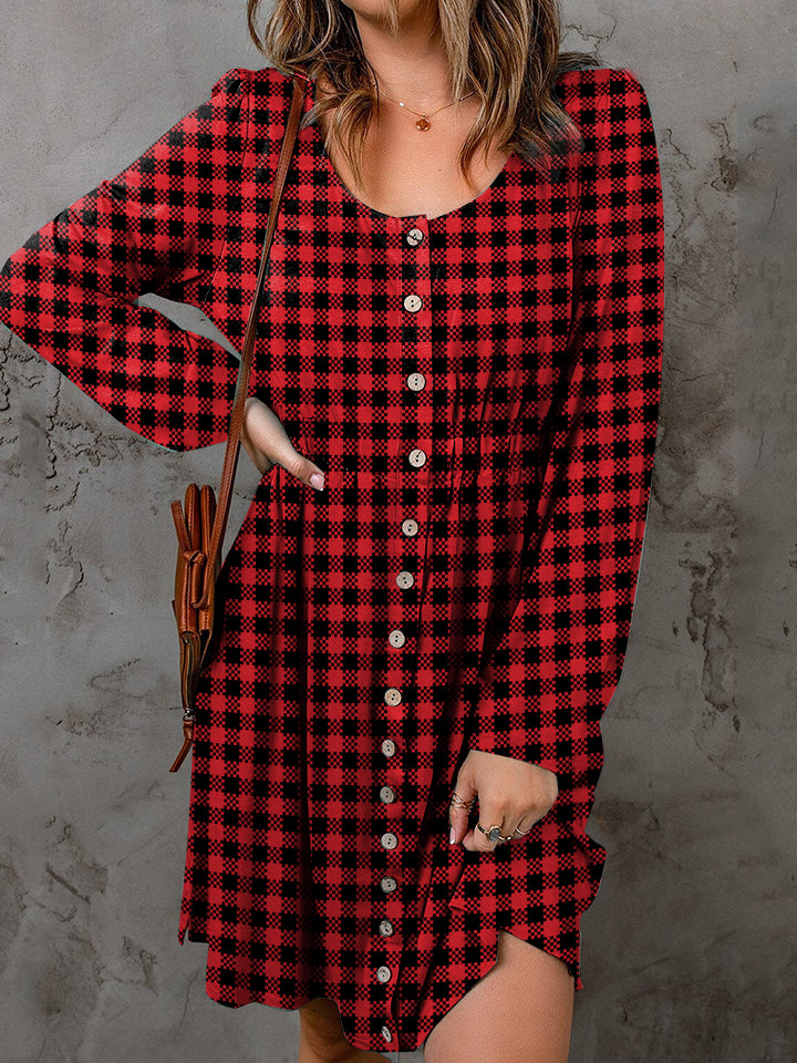 Double Take Full Size Plaid Round Neck Long Sleeve Magic Dress - Beautifeye Boutique