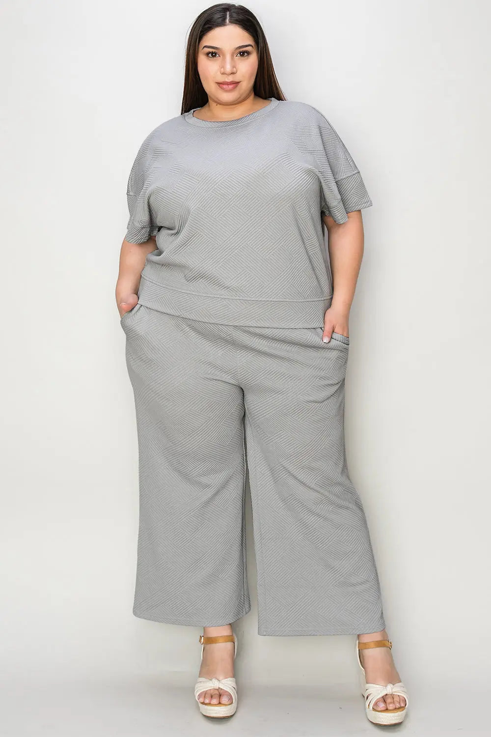 Double Take Full Size Texture Short Sleeve Top and Pants Set - Beautifeye Boutique