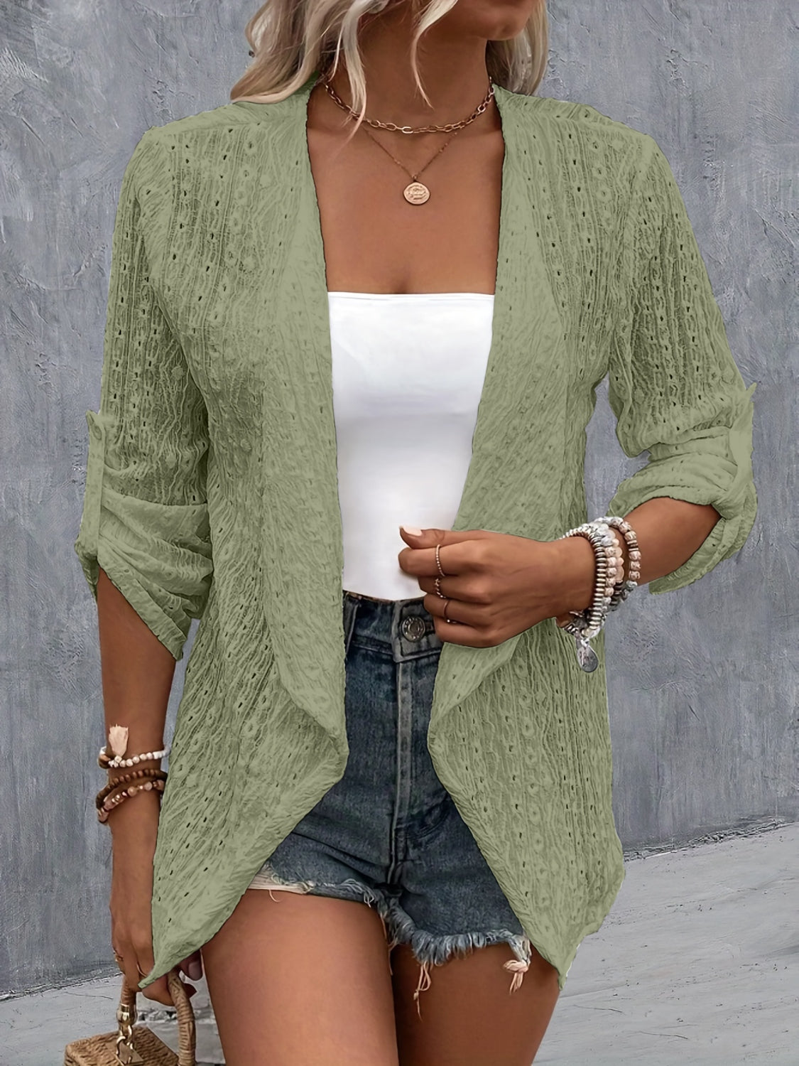 Eyelet Roll-Tab Sleeve Cardigan - Beautifeye Boutique
