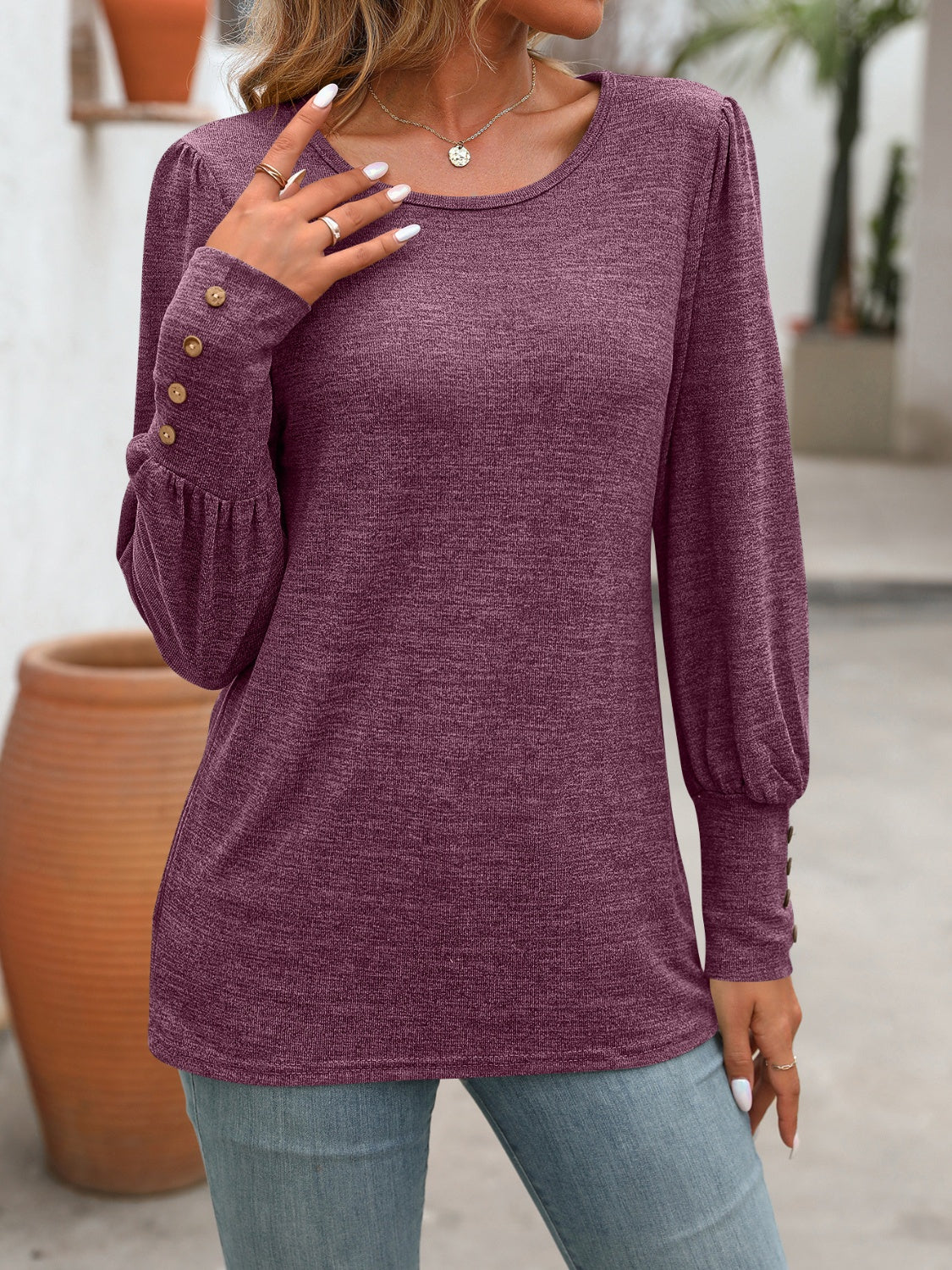 Decorative Button Round Neck Long Sleeve T-Shirt - Beautifeye Boutique