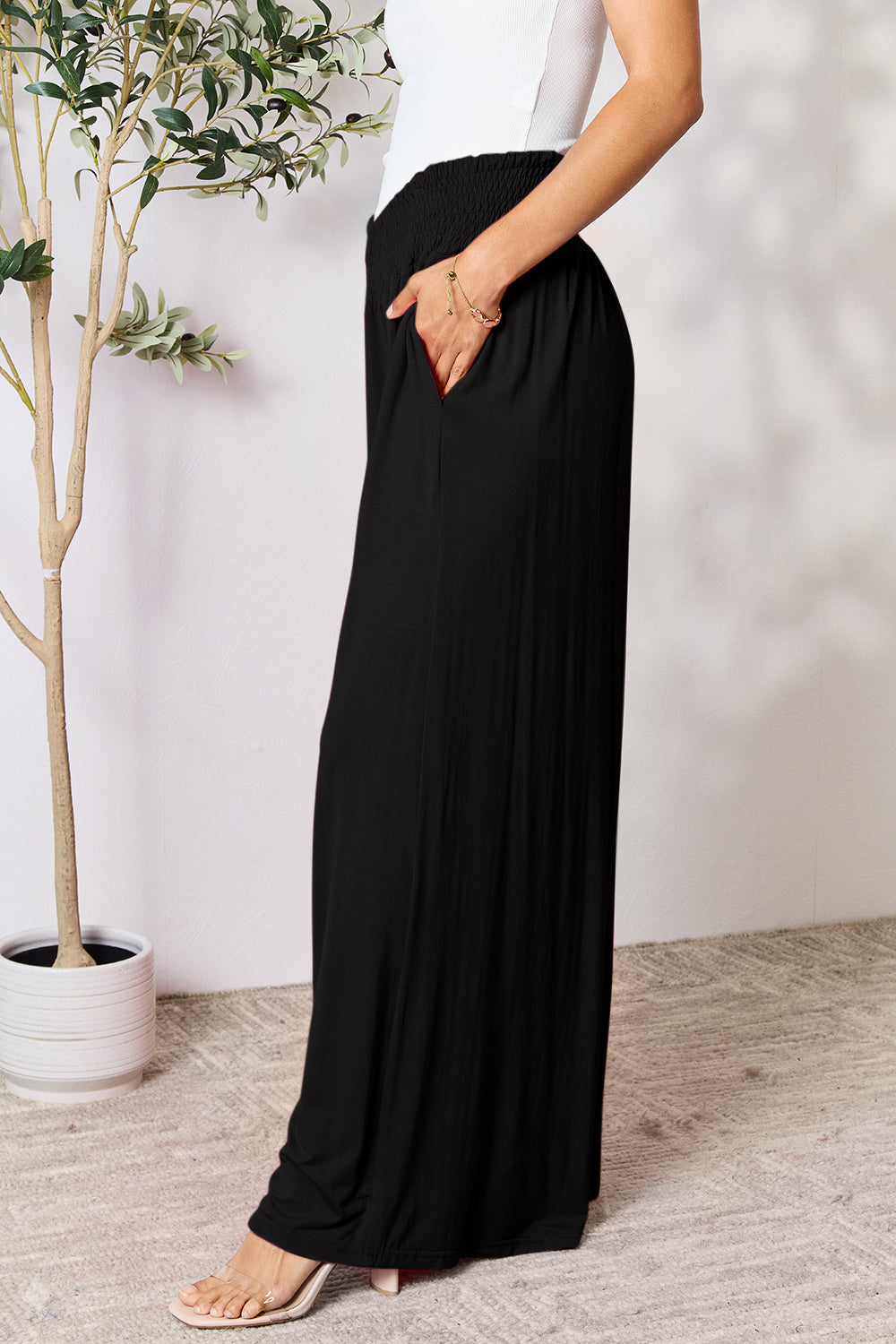 Double Take Full Size Smocked Wide Waistband Wide Leg Pants - Beautifeye Boutique