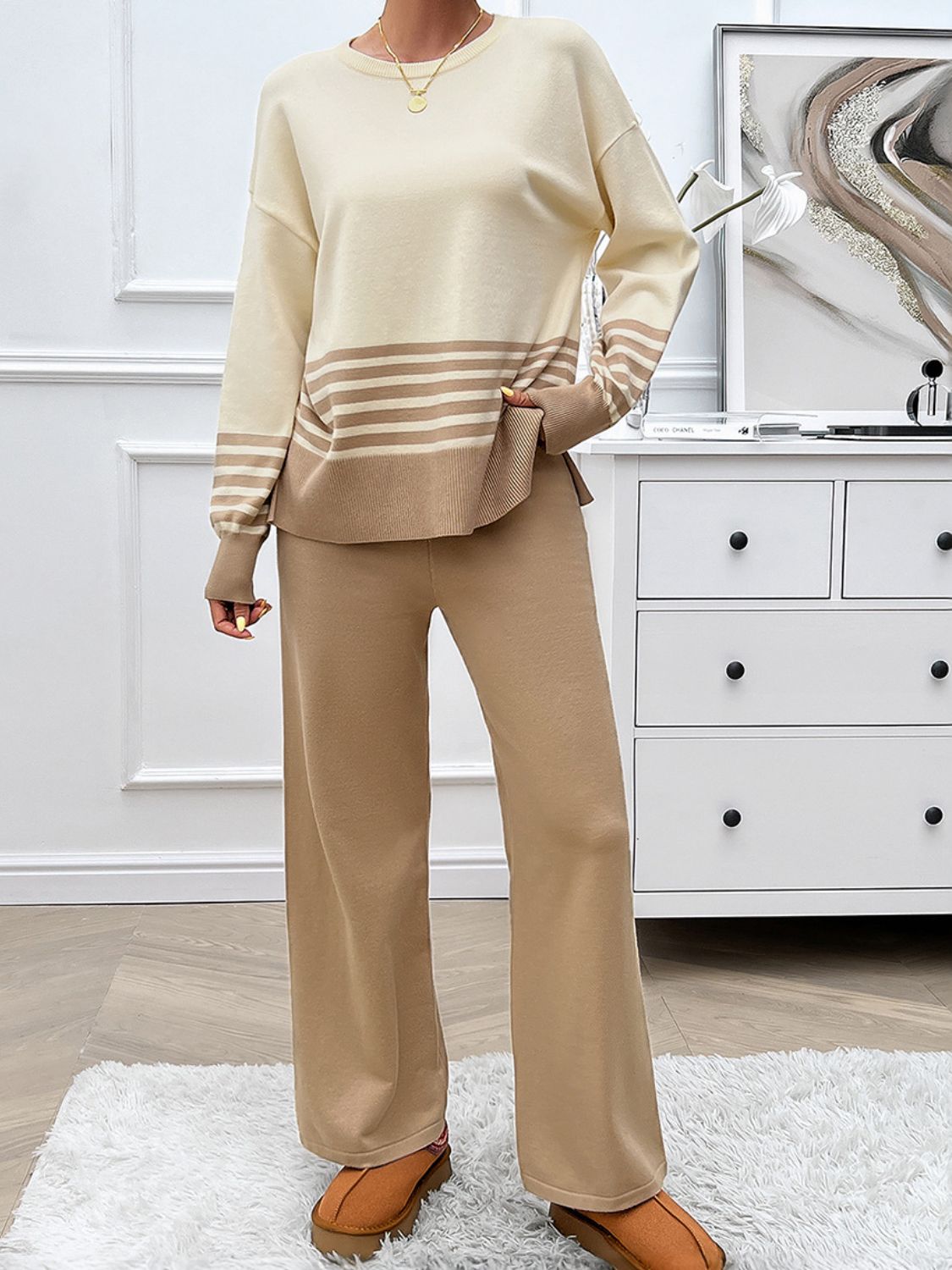 Devine Slit Striped Round Neck Top and Pants Sweater Set Trendsi