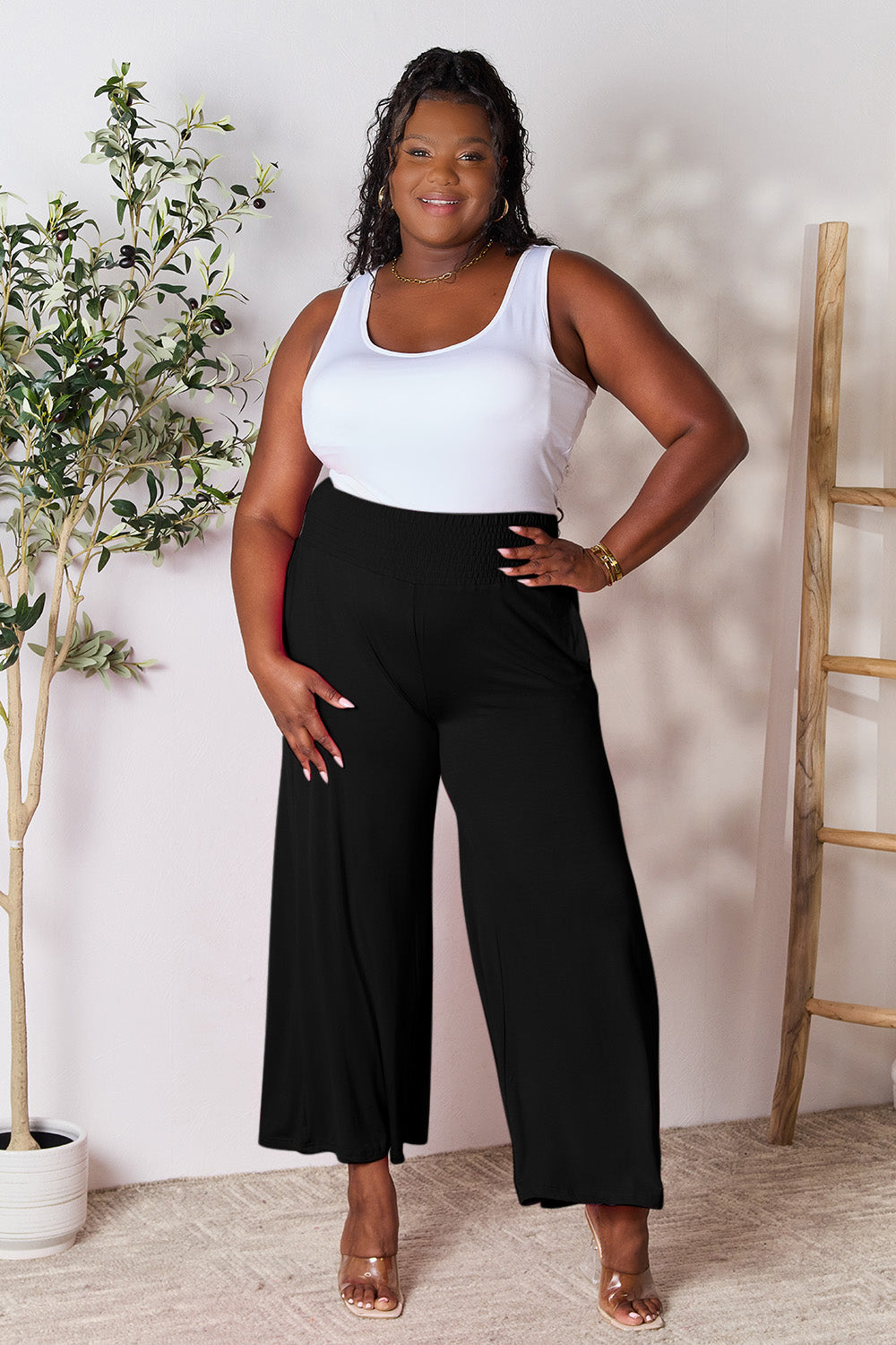 Double Take Full Size Smocked Wide Waistband Wide Leg Pants - Beautifeye Boutique