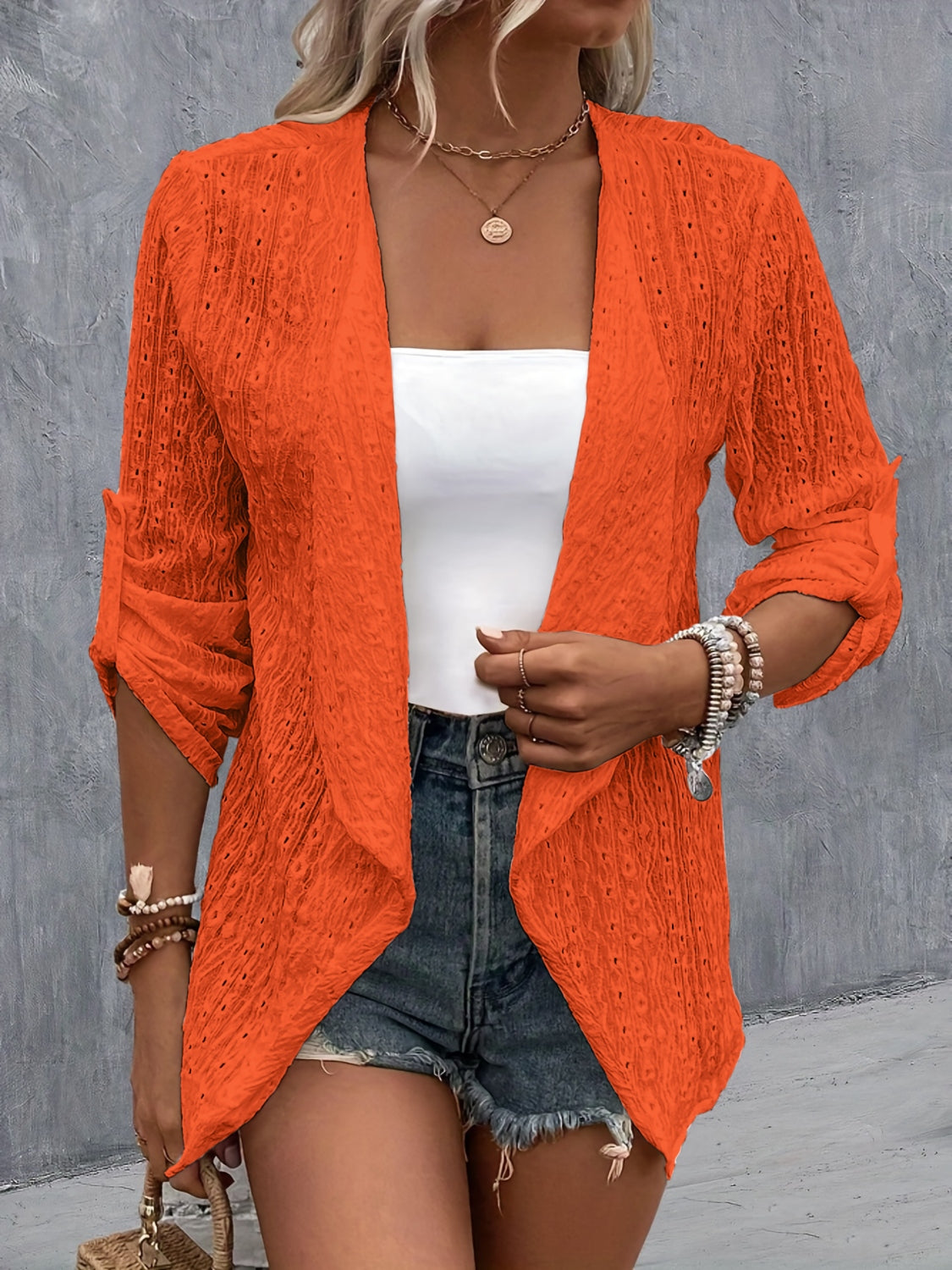 Eyelet Roll-Tab Sleeve Cardigan - Beautifeye Boutique