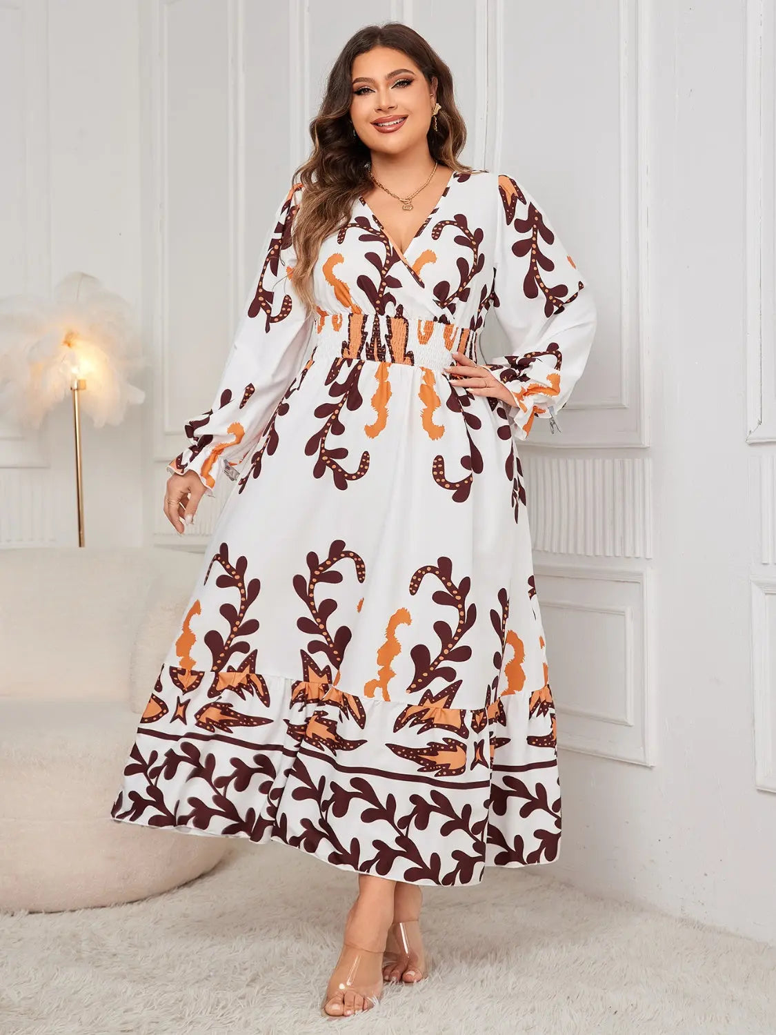 Honey Plus Size Printed Surplice Flounce Sleeve Dress - Beautifeye Boutique