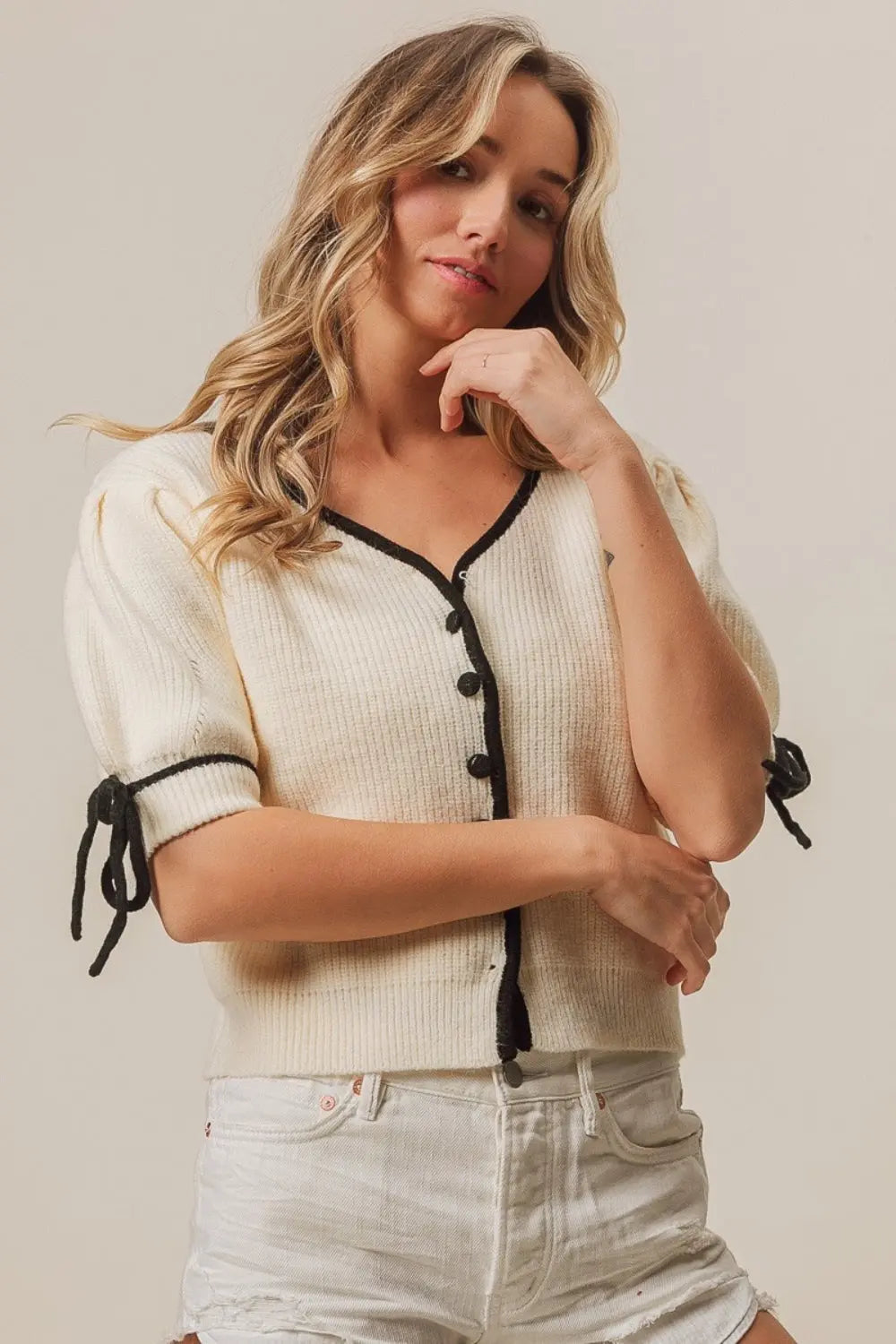 BiBi Contrast Binding Buttoned Cardigan - Beautifeye Boutique